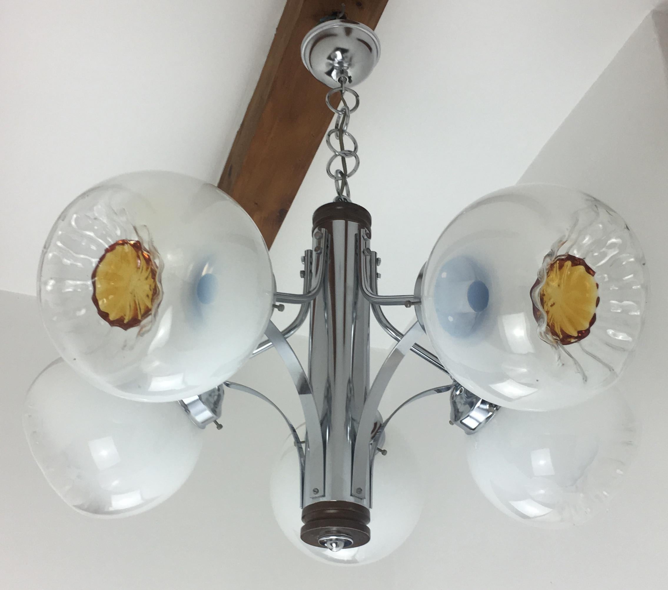 Murano Glass Iconic Carlo Nason for Mazzega Handblown Glass and Chrome Chandelier For Sale