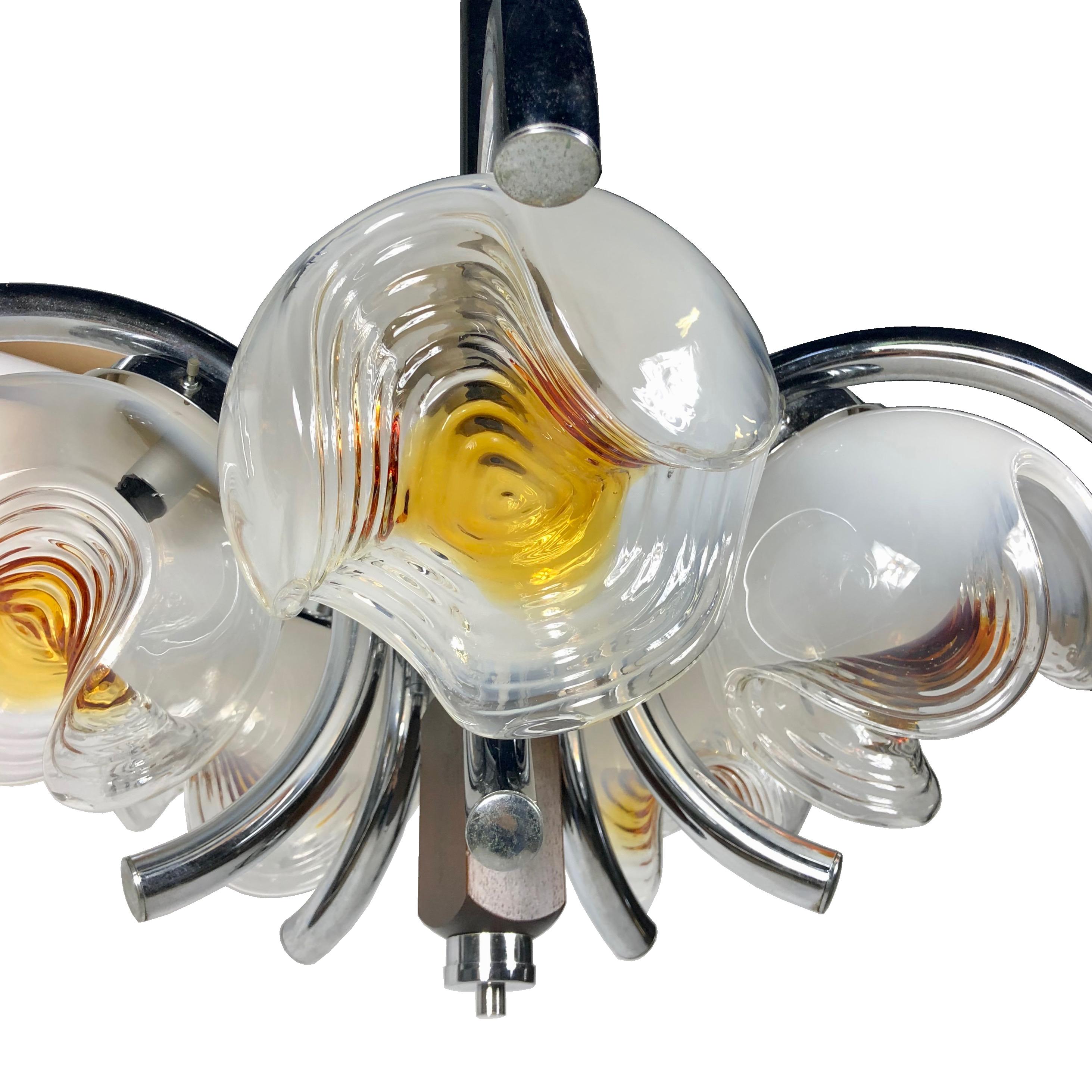 Mid-Century Modern Chrome, Wood and Murano Glass Five Lights Chandelier by Mazzega, Italy, 1970s For Sale