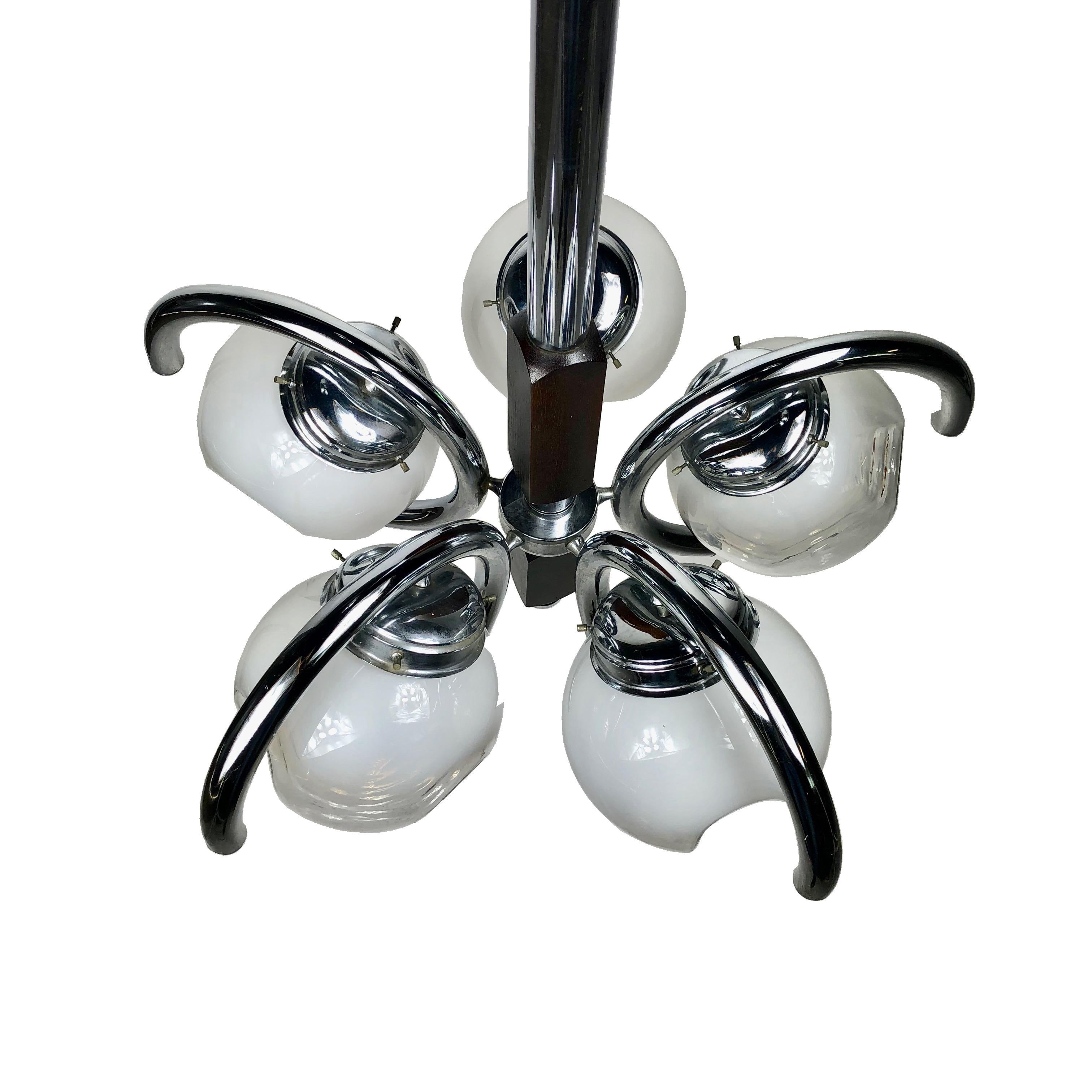 Italian Chrome, Wood and Murano Glass Five Lights Chandelier by Mazzega, Italy, 1970s For Sale