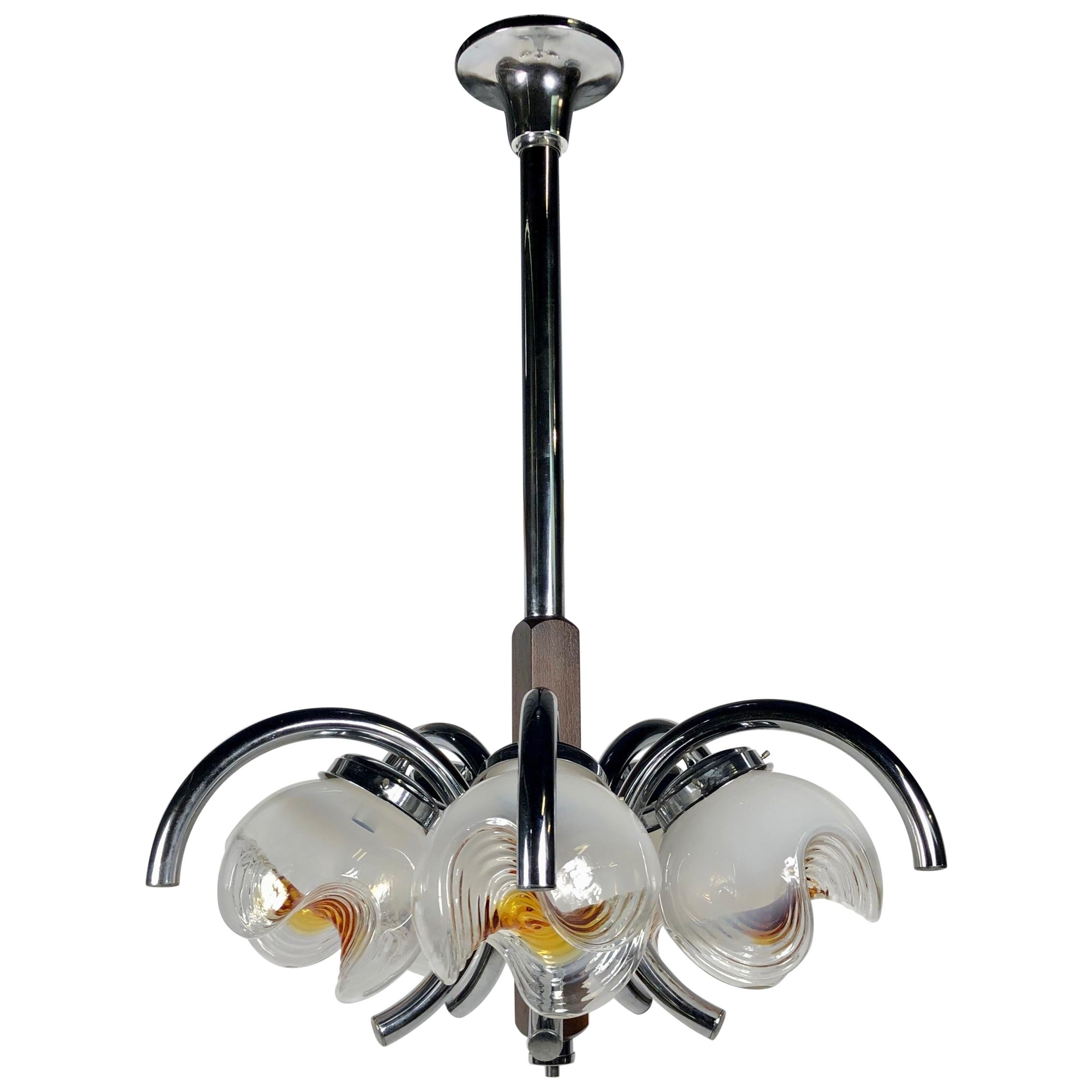 Chrome, Wood and Murano Glass Five Lights Chandelier by Mazzega, Italy, 1970s For Sale