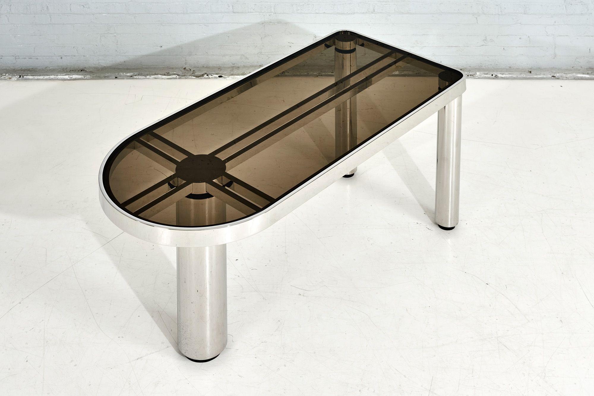 Chrome Writing Desk Attributed to Karl Springer, 1970 with smoked glass.