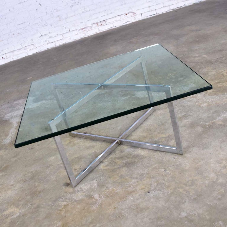 Chrome X-Base Coffee Table with Glass Top in the Style of Milo Baughman For Sale 4