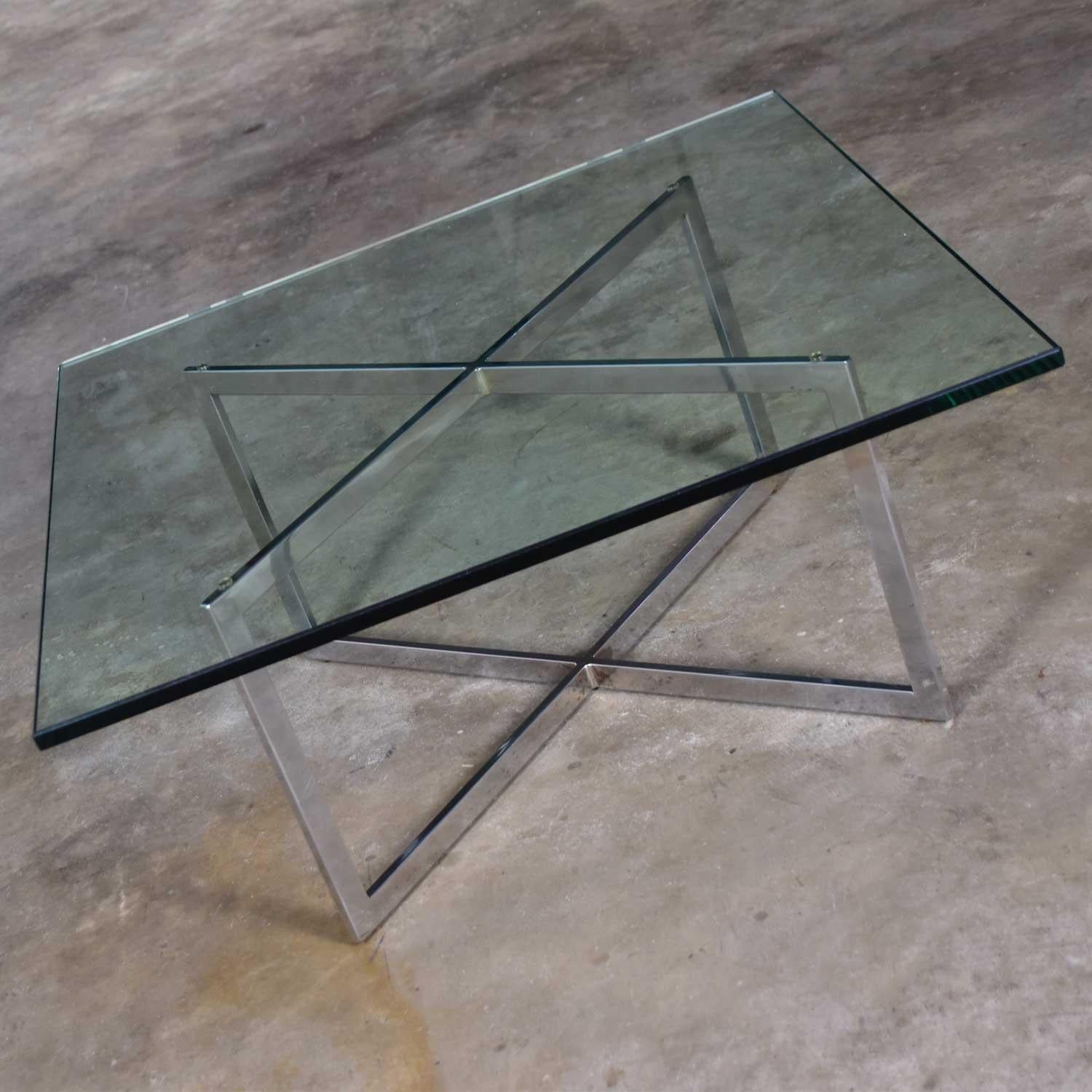 American Chrome X-Base Coffee Table with Glass Top in the Style of Milo Baughman