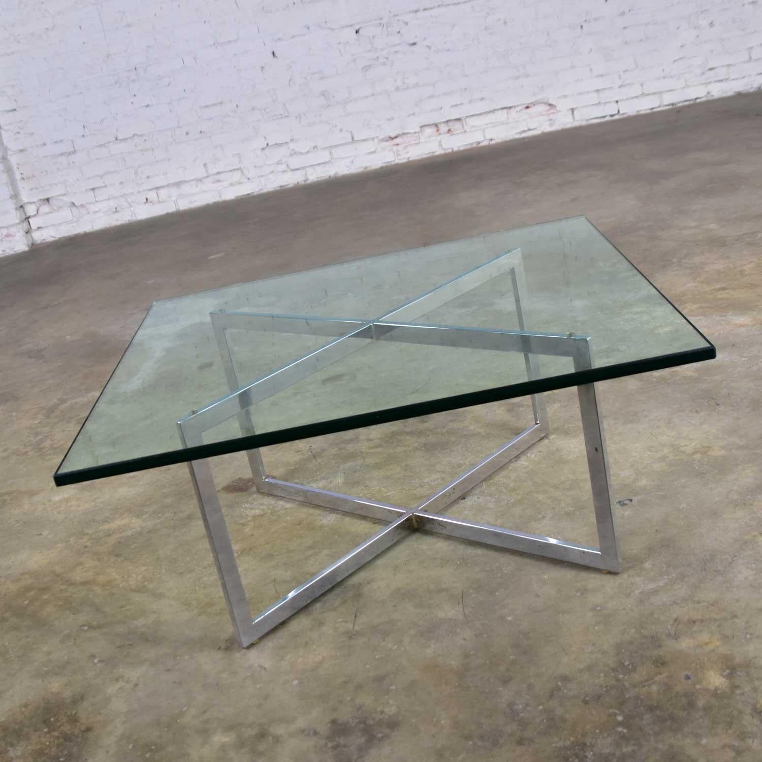 Chrome X-Base Coffee Table with Glass Top in the Style of Milo Baughman 2