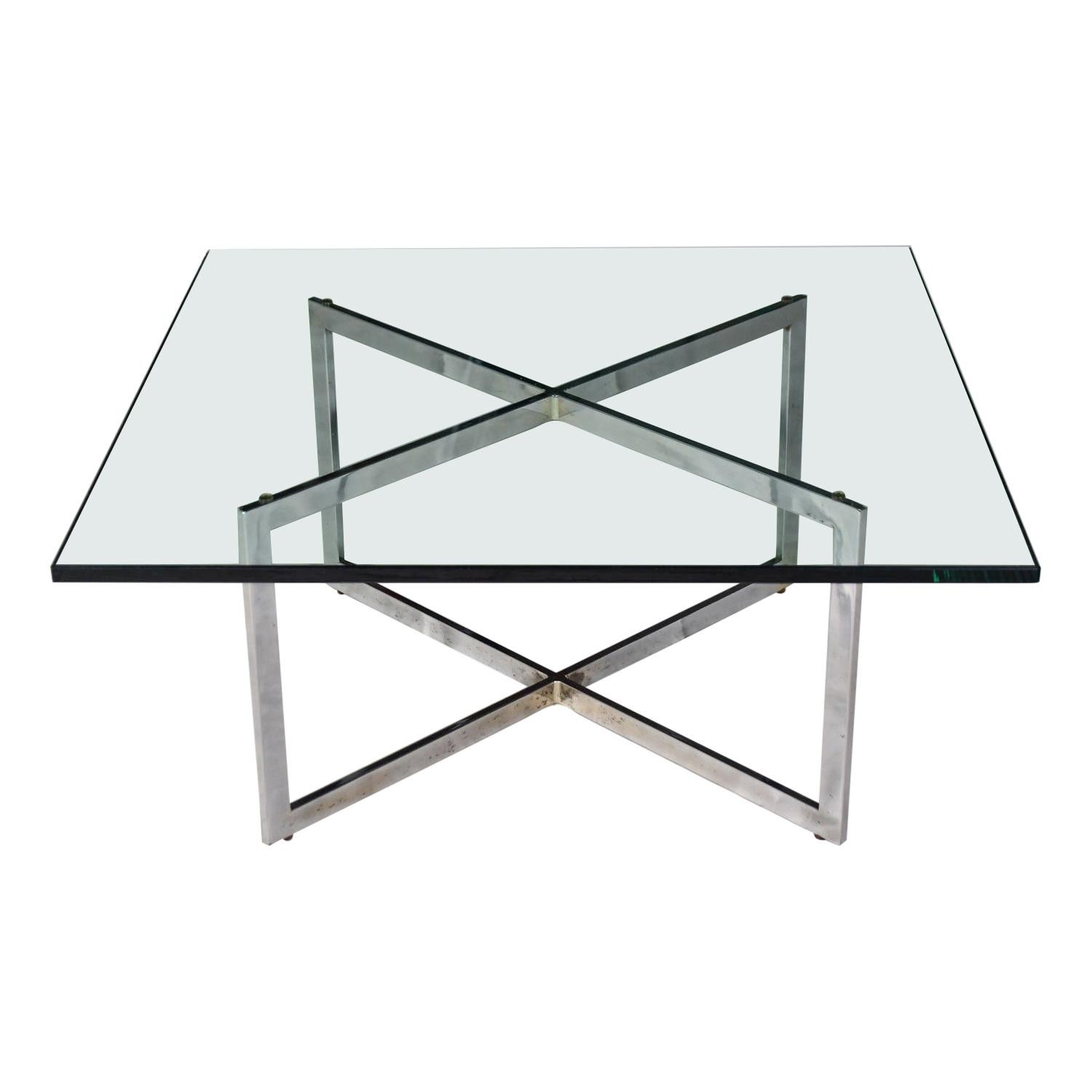 Chrome X-Base Coffee Table with Glass Top in the Style of Milo Baughman