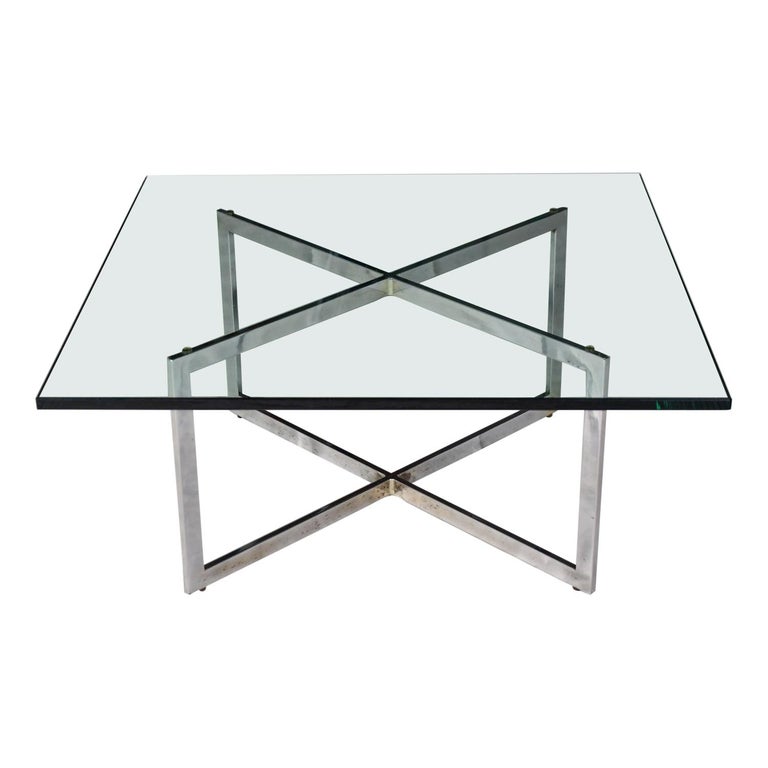 Chrome X-Base Coffee Table with Glass Top in the Style of Milo Baughman For Sale