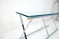 Chrome X Base Glass Top 67" Long Console Sofa Table Mid Century Modern c1970s