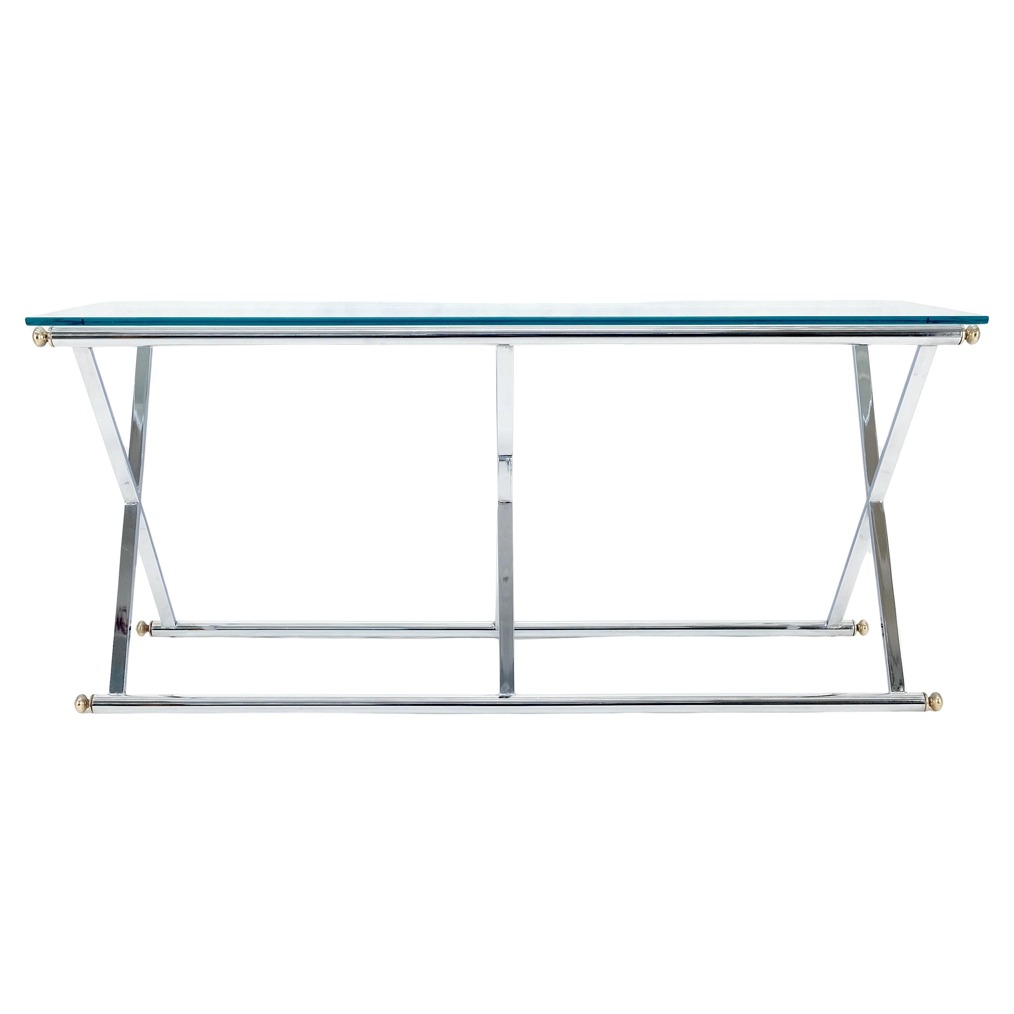 Verchromter Chrom X Sockel Glasplatte 67" Langer Konsolen-Sofatisch Mid Century Modern ca. 1970er Jahre