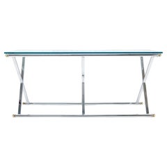 Chrome X Base Glass Top 67" Long Console Sofa Table Mid Century Modern c1970s