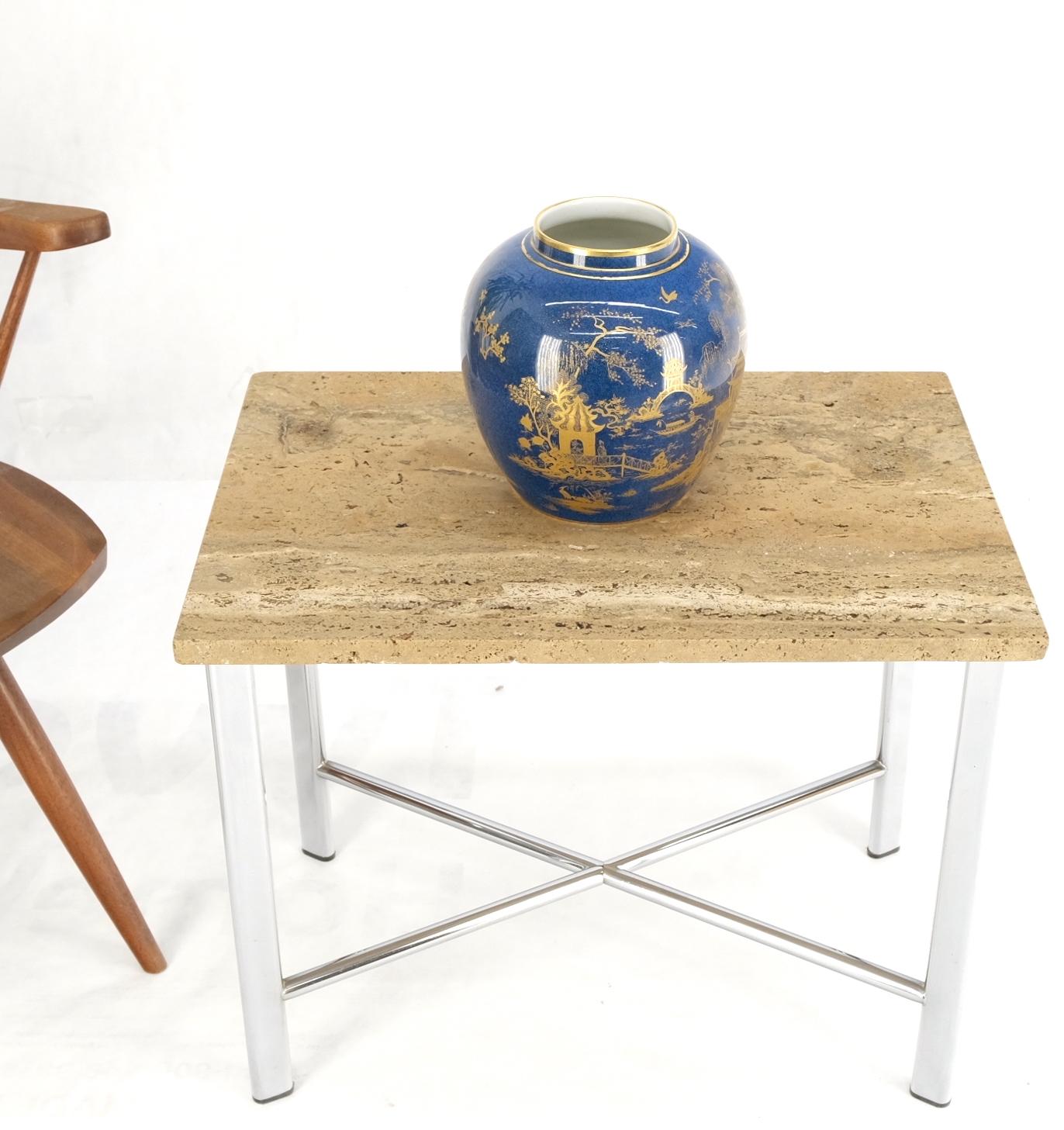 Chrome X Base Travertine Top Mid-Century Modern Rectangle Side End Table Stand For Sale 7
