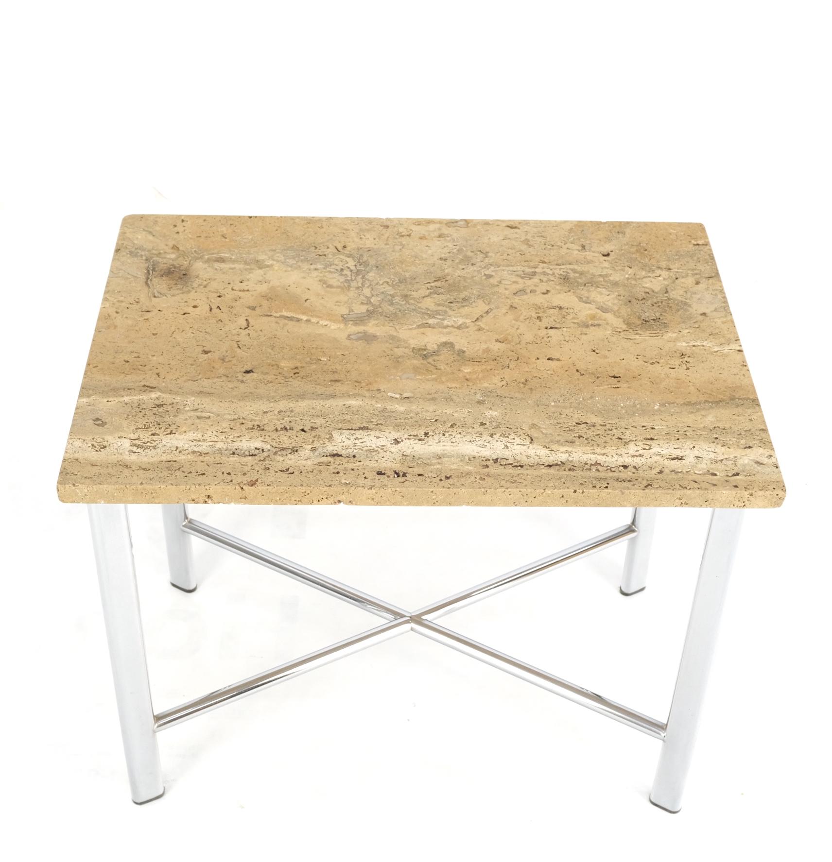 Chrome X Base Travertine Top Mid-Century Modern Rectangle Side End Table Stand For Sale 8