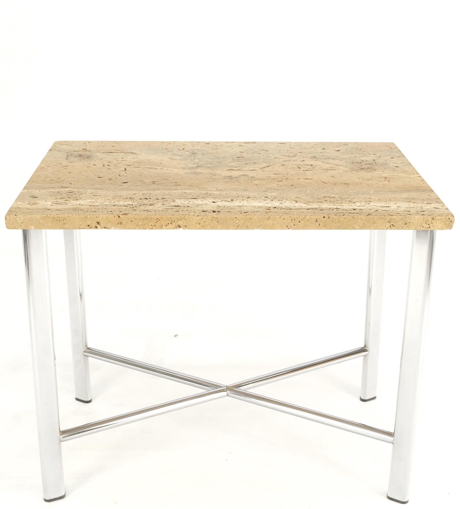 Chrome X Base Travertine Top Mid-Century Modern Rectangle Side End Table Stand For Sale 9