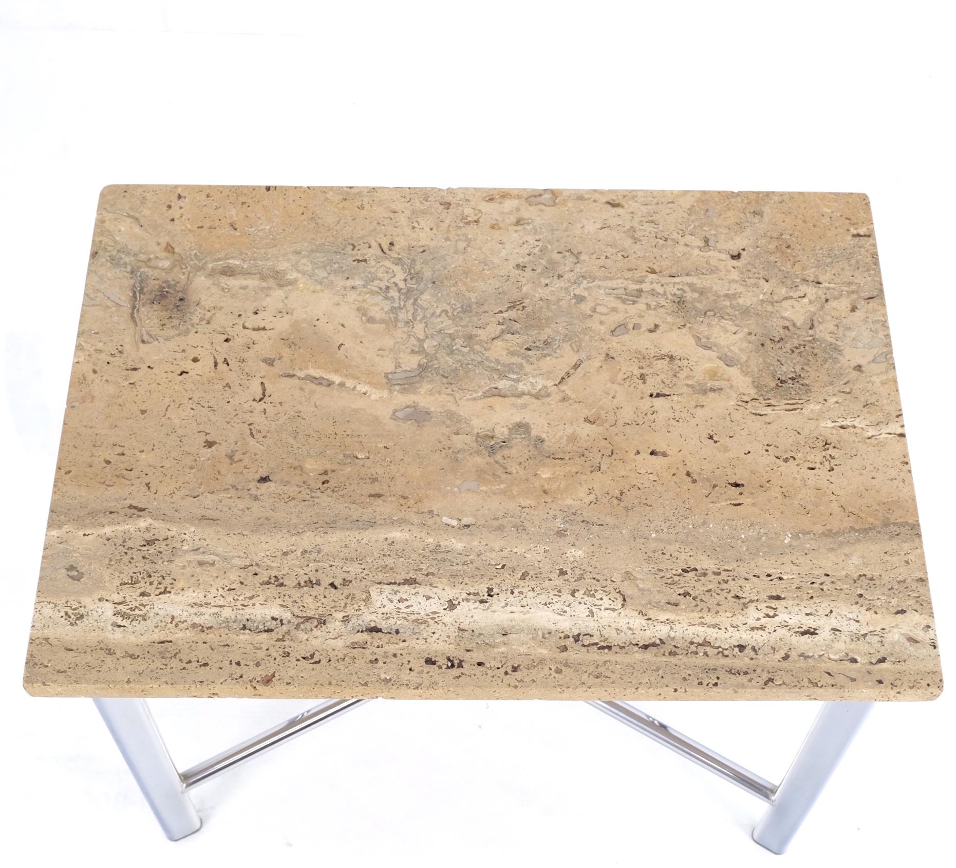 Chrome X Base Travertine Top Mid-Century Modern Rectangle Side End Table Stand For Sale 1