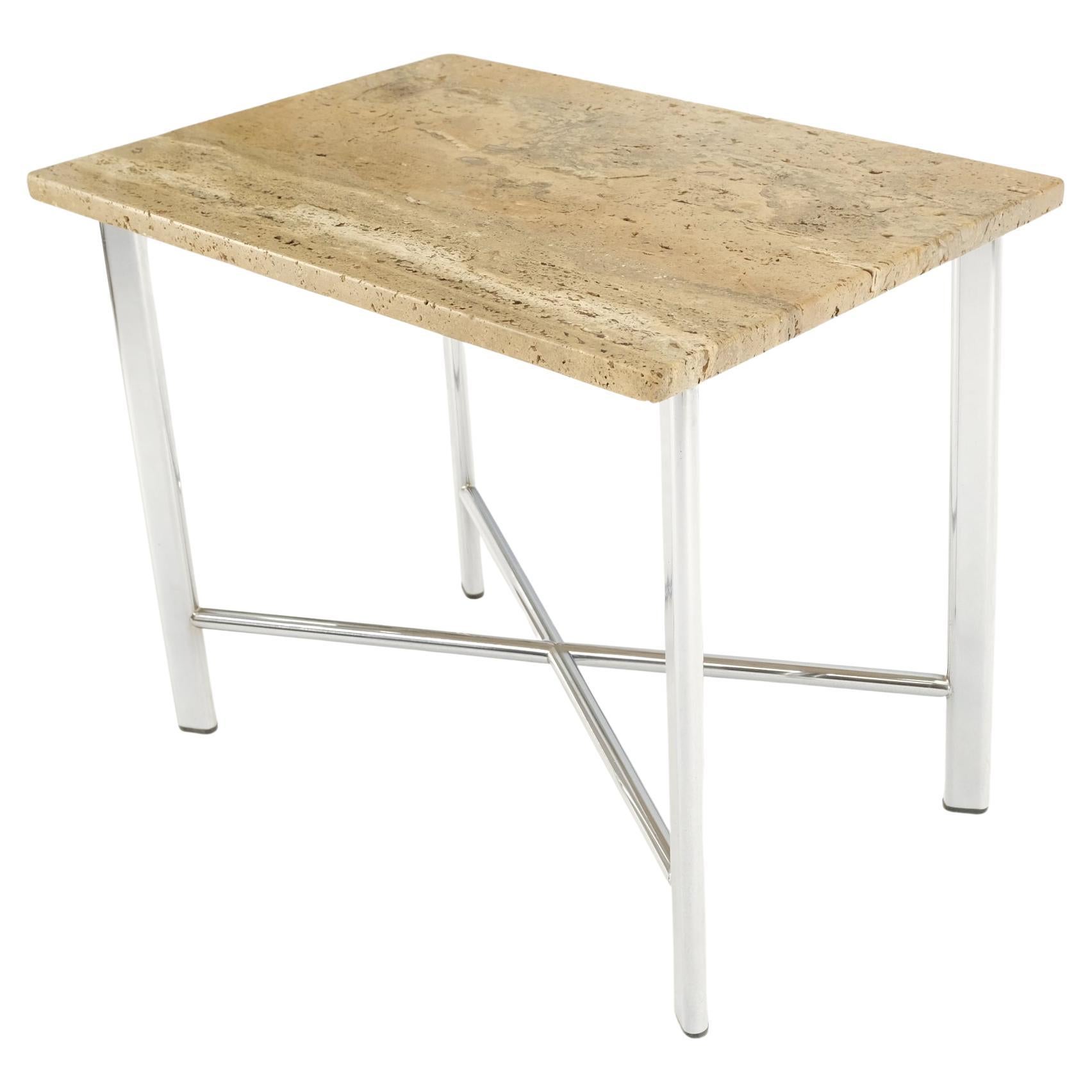 Chrome X Base Travertine Top Mid-Century Modern Rectangle Side End Table Stand