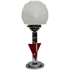 Chromed and Opaline Glass Table Lamp with Red Bakelite, Art Deco, France, 1930s