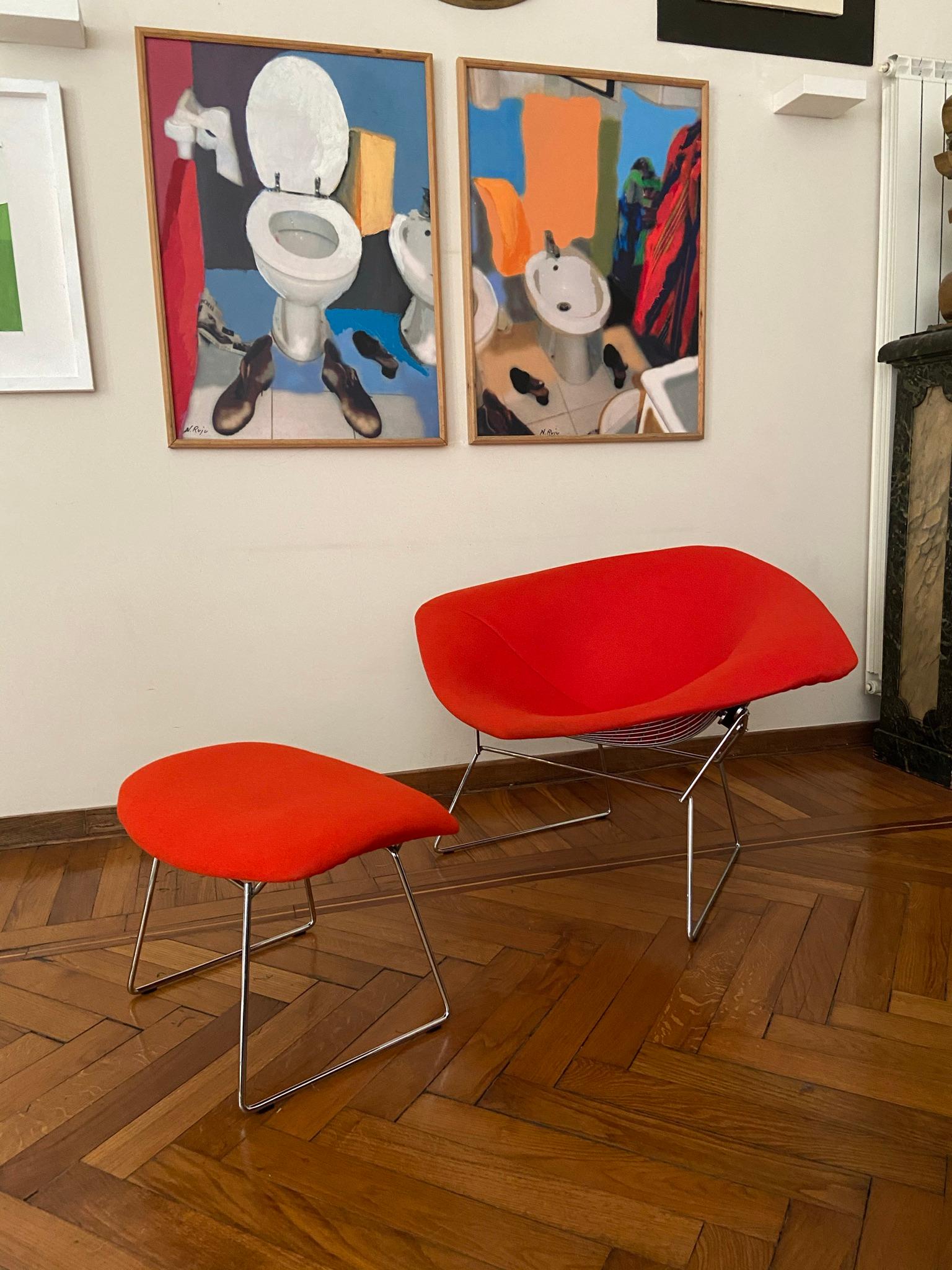 The diamond chair is an astounding study in space, form and function by one of the master sculptors of the last century. Like Saarinen and Mies, Bertoia found sublime grace in an Industrial material, elevating it beyond its normal utility into a