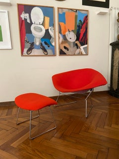 Chromed and Red Harry Bertoia Large Diamond Chair and Ottoman for Knoll