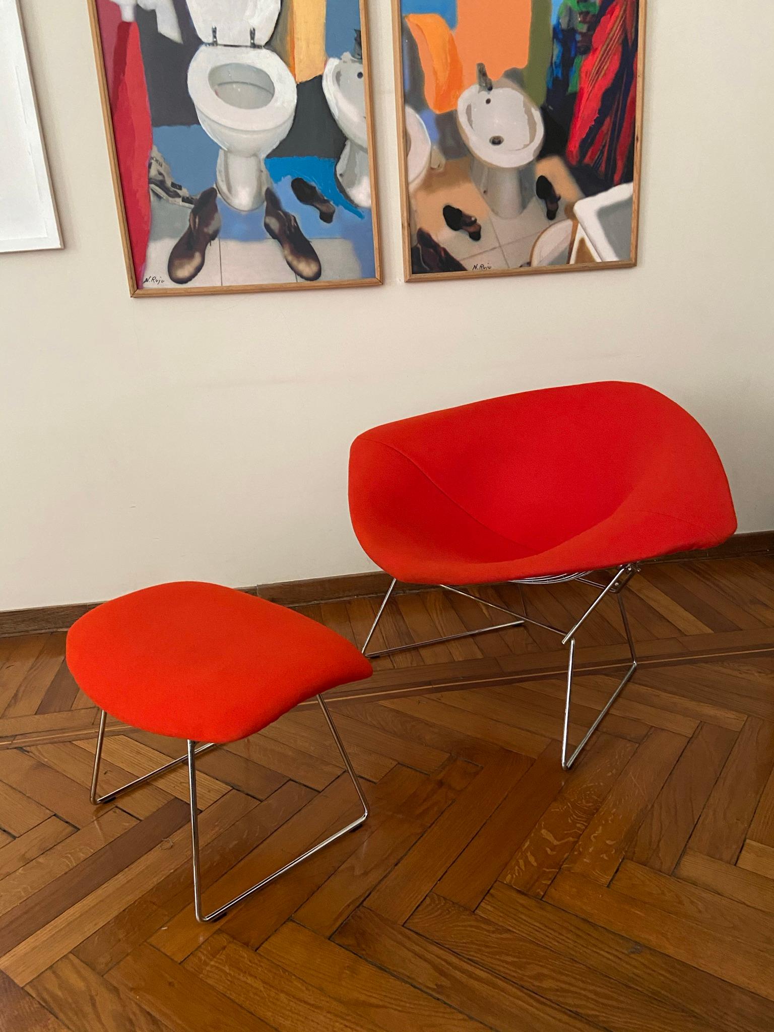 Mid-Century Modern Chromed and Red Harry Bertoia Large Diamond Chair and Ottoman for Knoll
