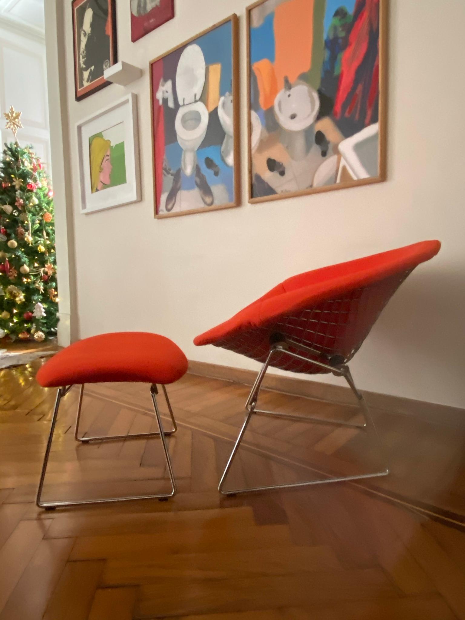 Mid-20th Century Chromed and Red Harry Bertoia Large Diamond Chair and Ottoman for Knoll