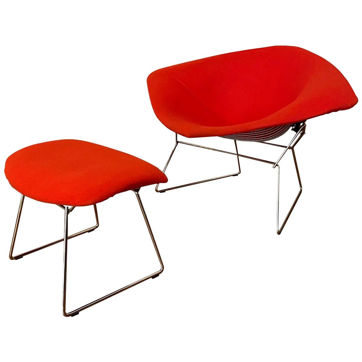 Chromed and Red Harry Bertoia Large Diamond Chair and Ottoman for Knoll