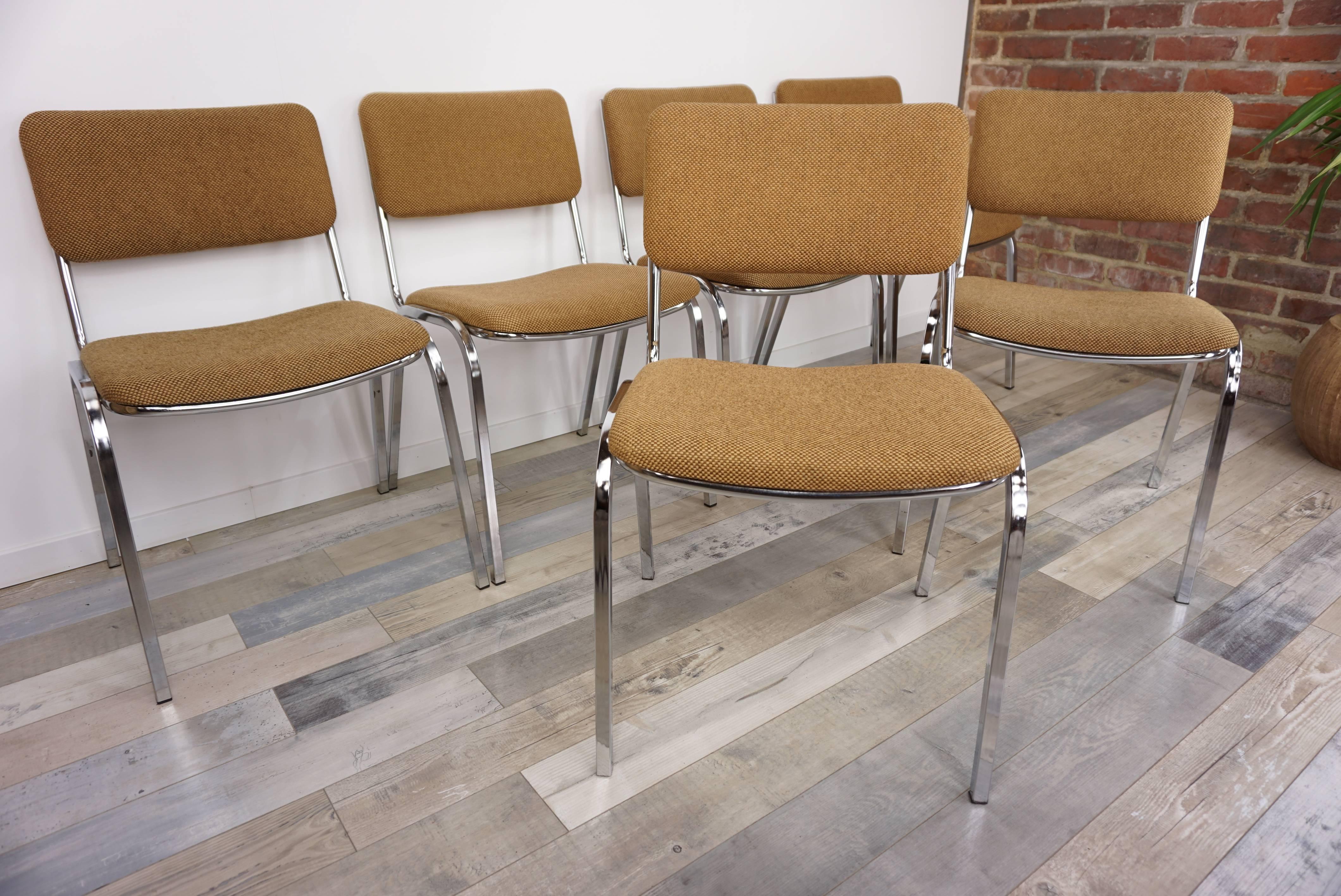 Chromed and Tweed Set of Six Chairs French Design from the 1960s 5