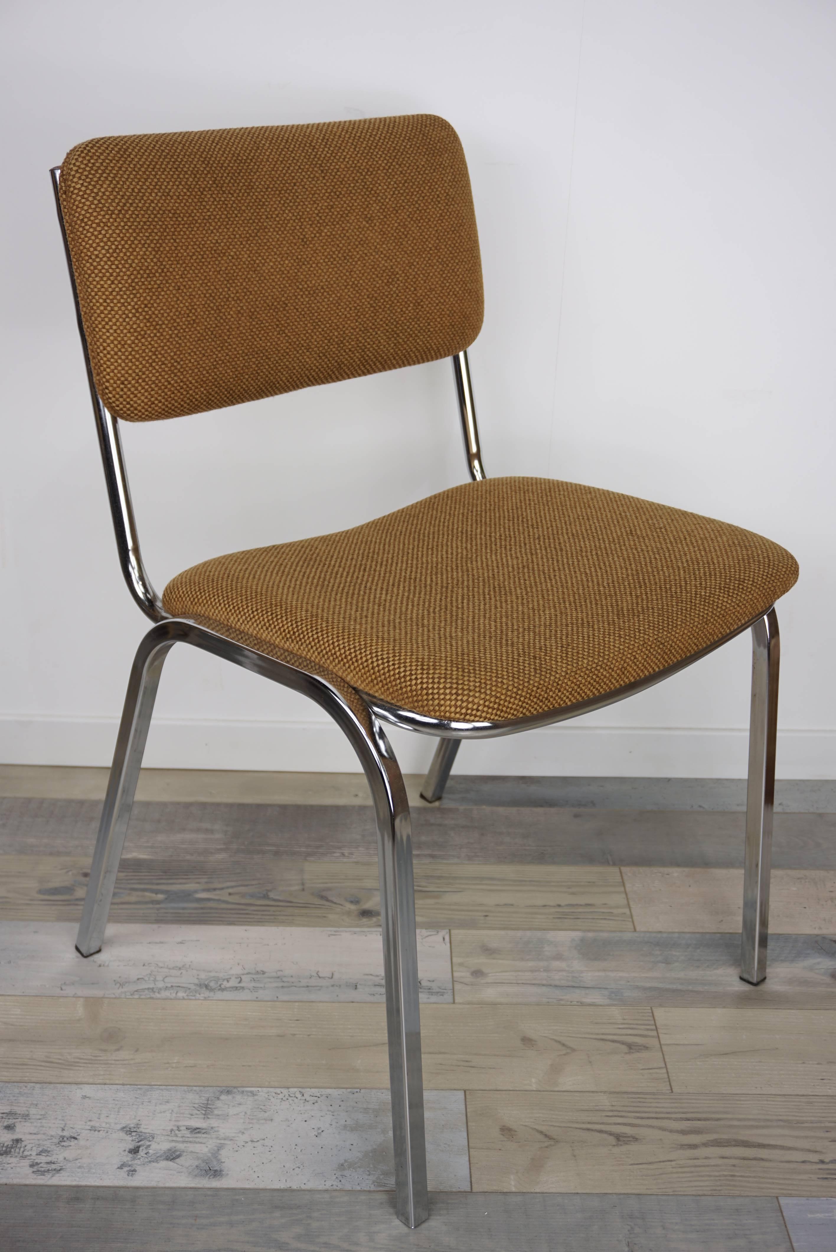 Chromed structure and tweed back and seat for this set of six French design chairs from the 1960s.