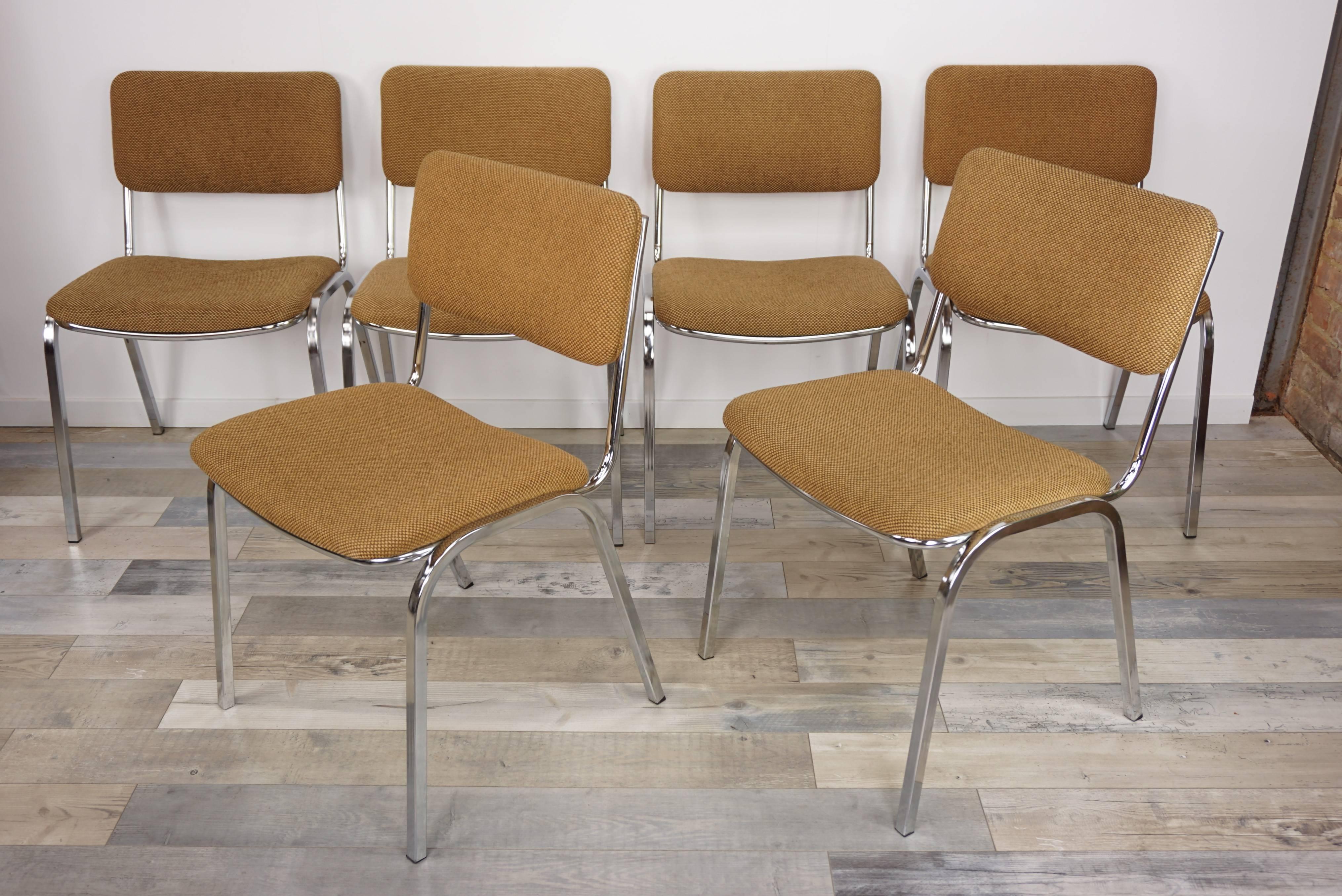 Industrial Chromed and Tweed Set of Six Chairs French Design from the 1960s