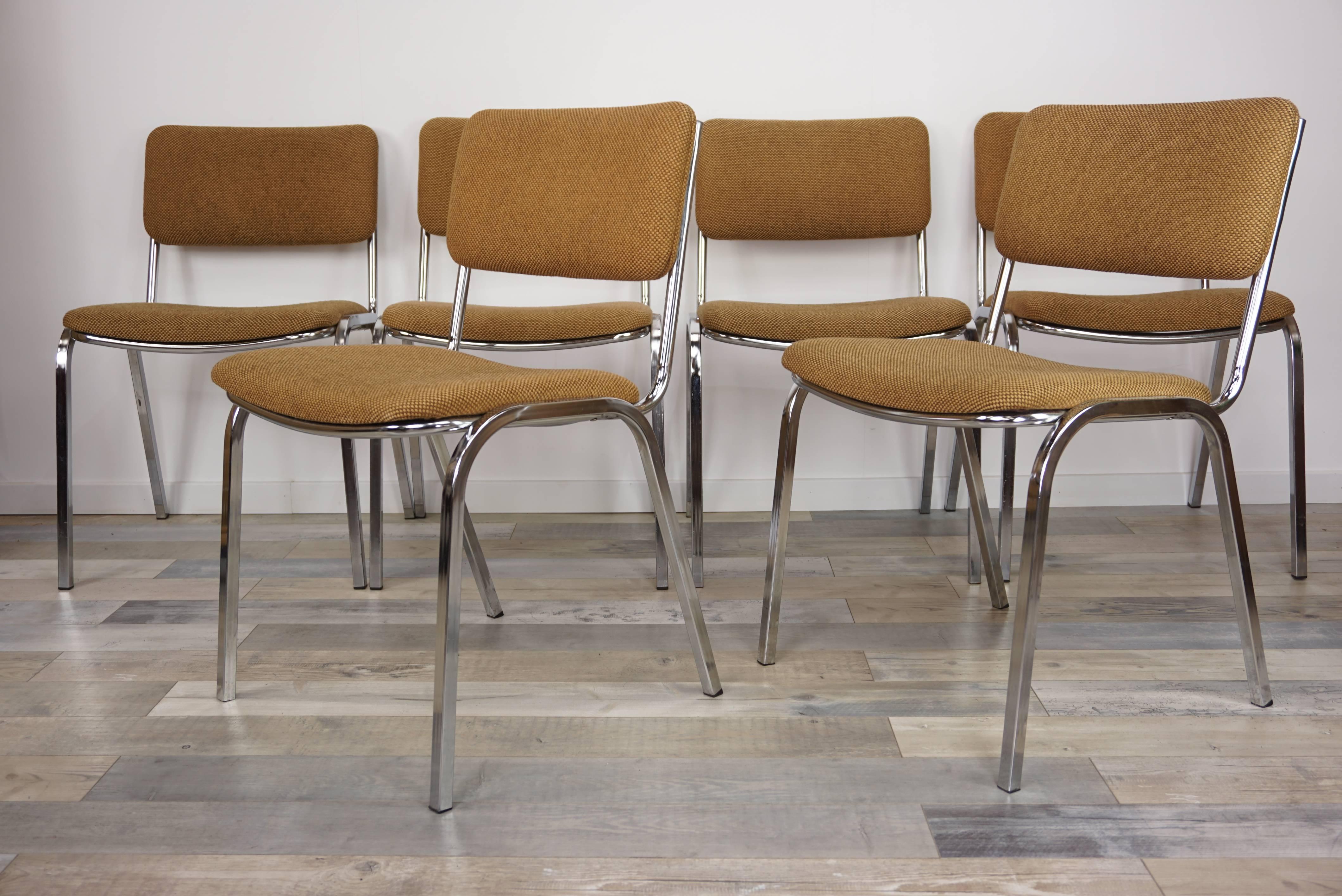 20th Century Chromed and Tweed Set of Six Chairs French Design from the 1960s