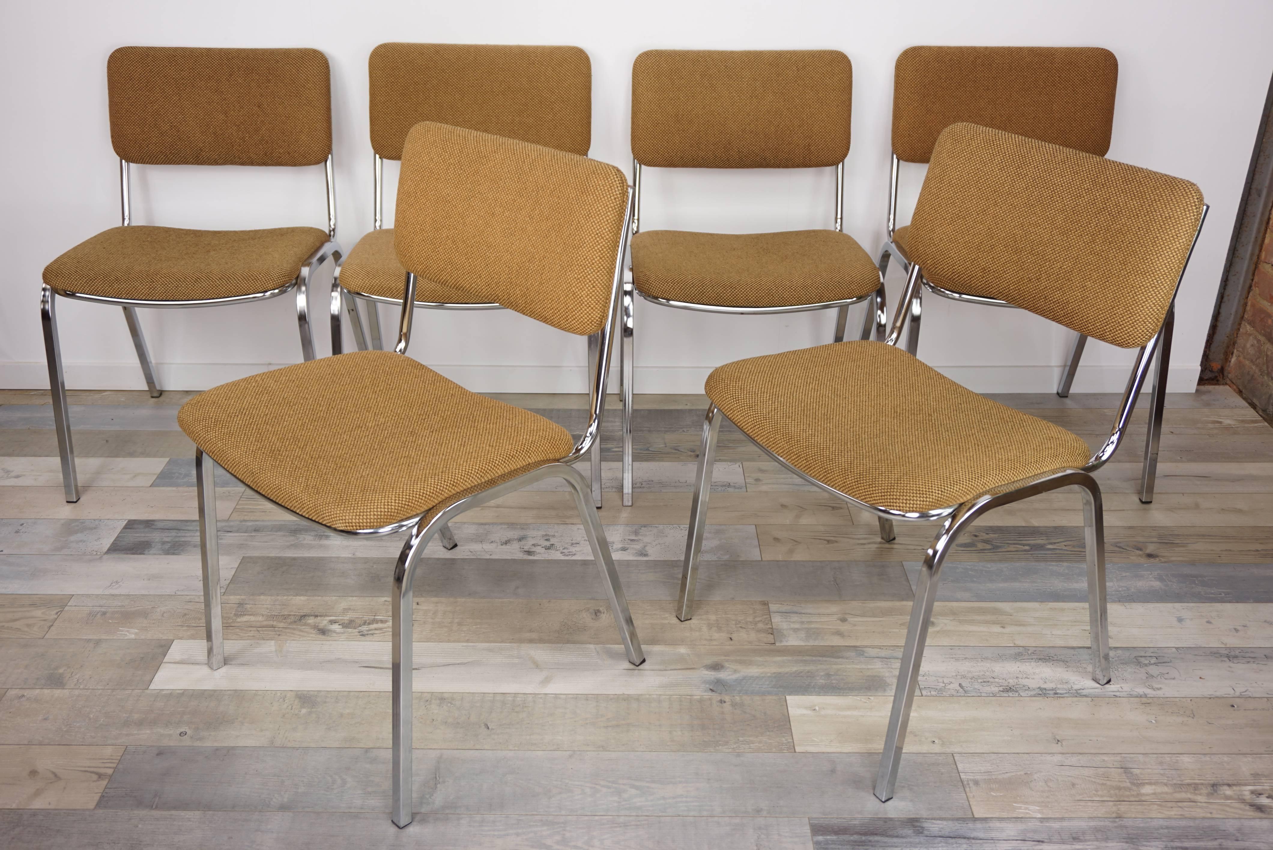 Chromed and Tweed Set of Six Chairs French Design from the 1960s 1