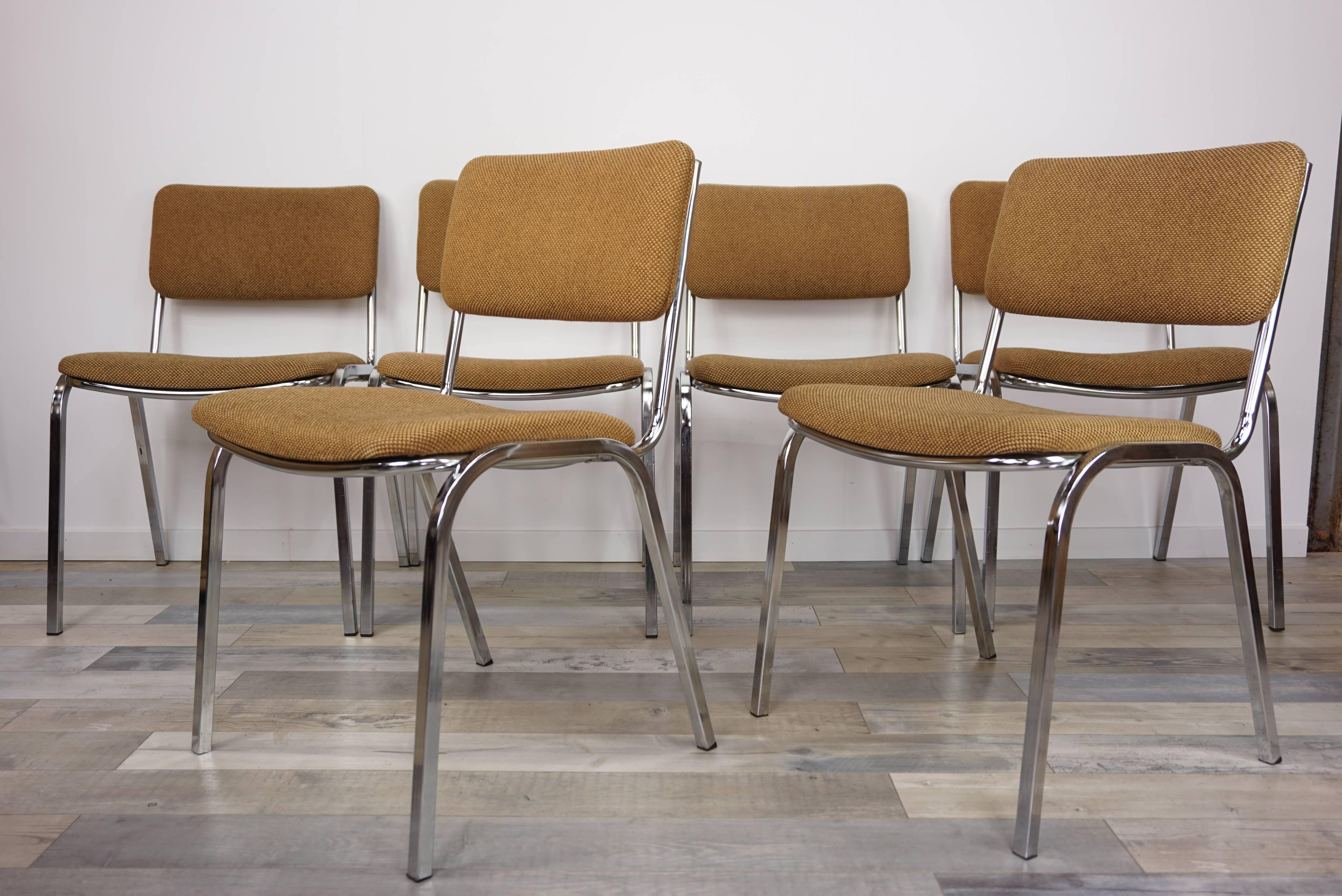 Chromed and Tweed Set of Six Chairs French Design from the 1960s 3