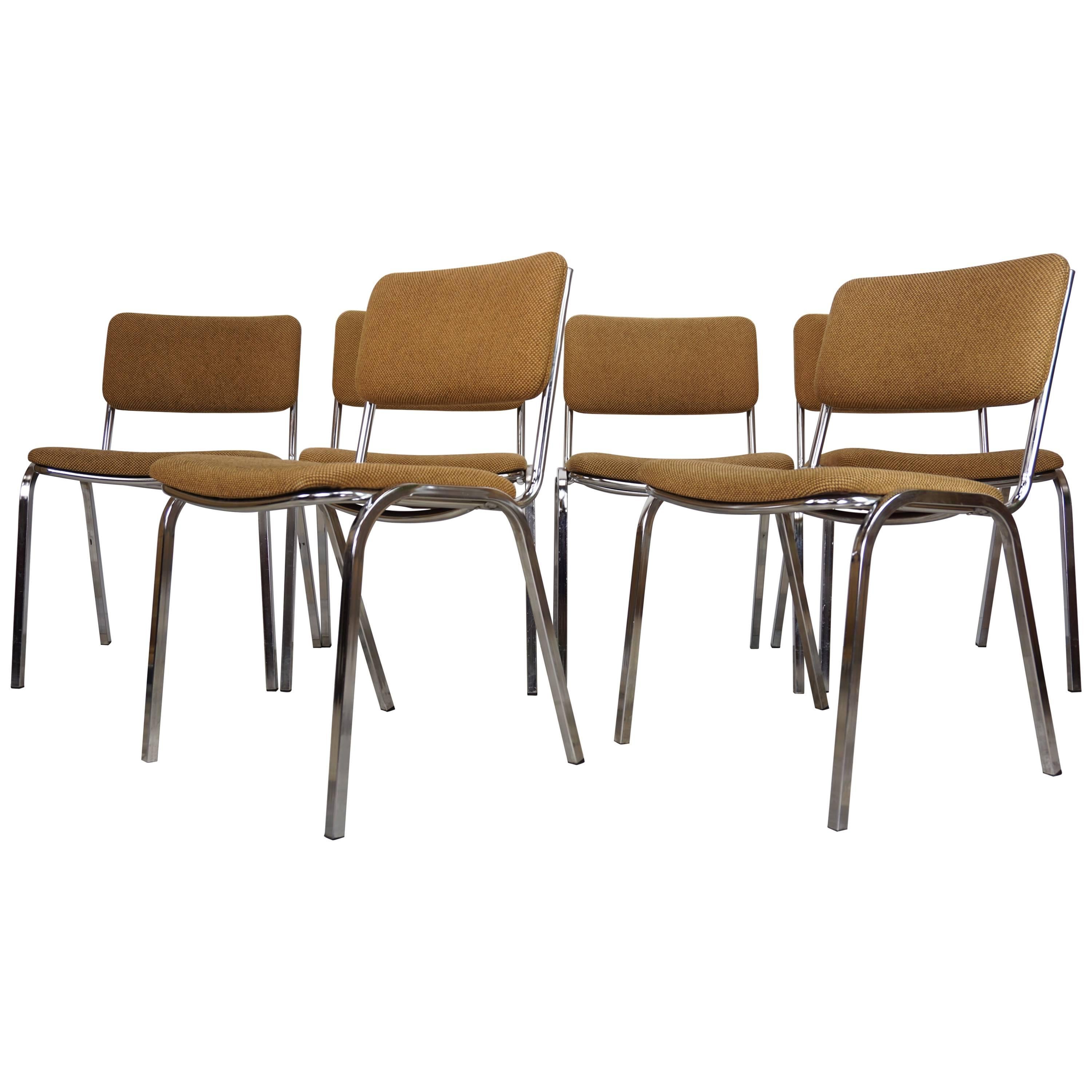 Chromed and Tweed Set of Six Chairs French Design from the 1960s