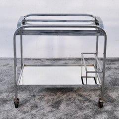 Chromed Art Deco Bar Cart on Wheels and Removable Mirrored Tray, France 1930's