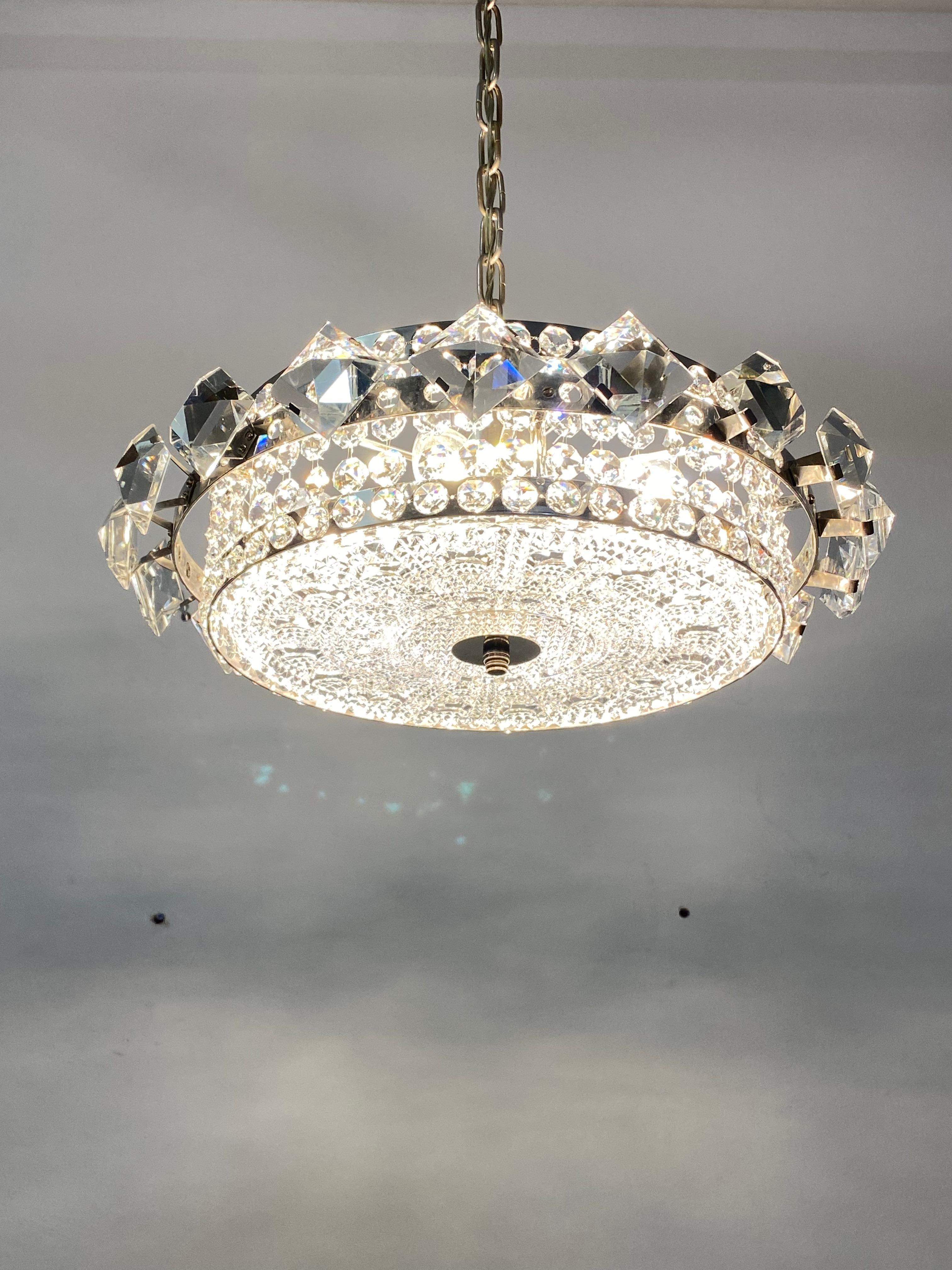 Chromed Brass and Glass Chandelier by Orrefors from the 1960s For Sale 4