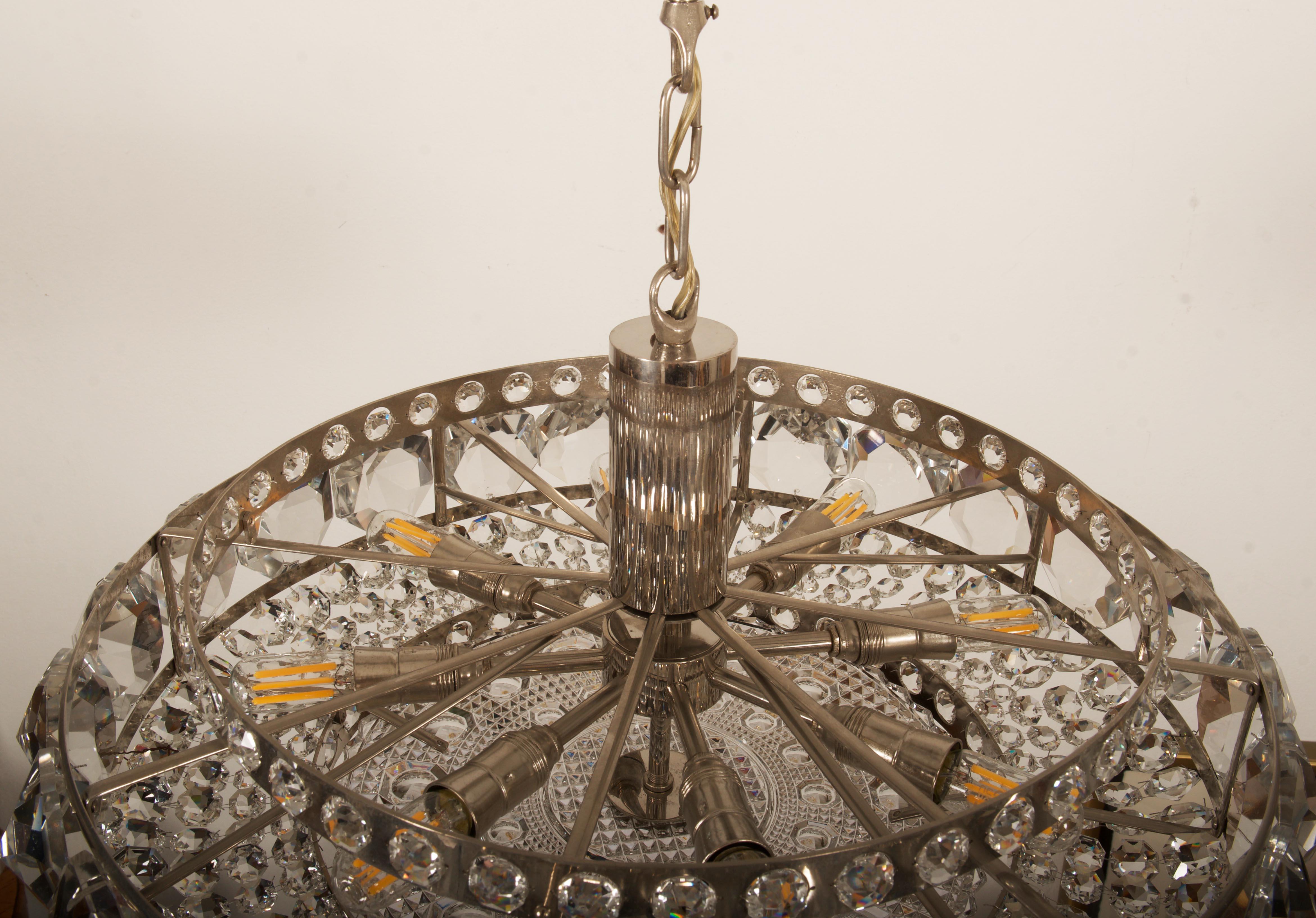 Scandinavian Modern Chromed Brass and Glass Chandelier by Orrefors from the 1960s For Sale