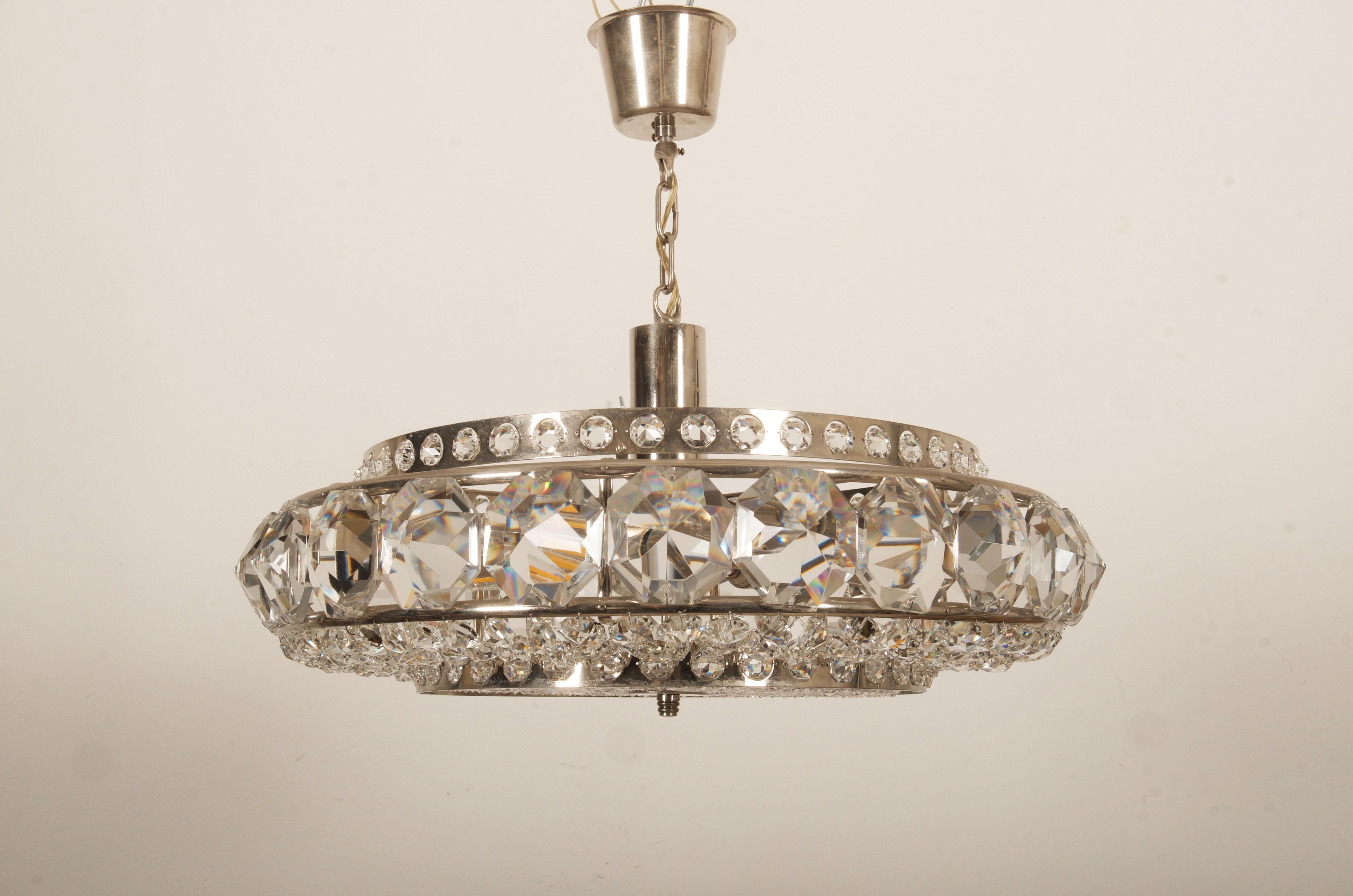 Mid-20th Century Chromed Brass and Glass Chandelier by Orrefors from the 1960s For Sale