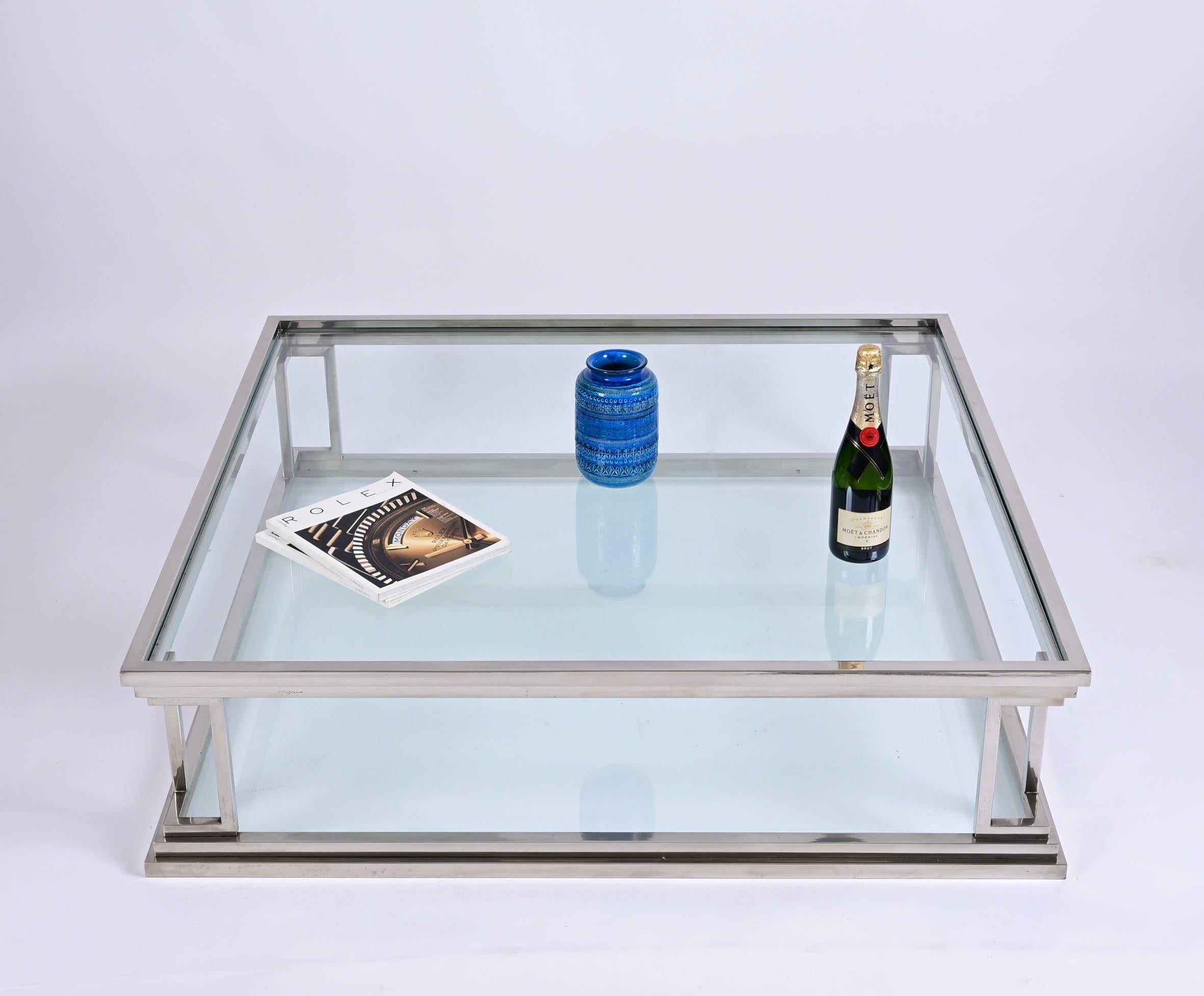 Chromed Brass Square Two Levels Italian Coffee Table with Glass Tops, 1970s 7