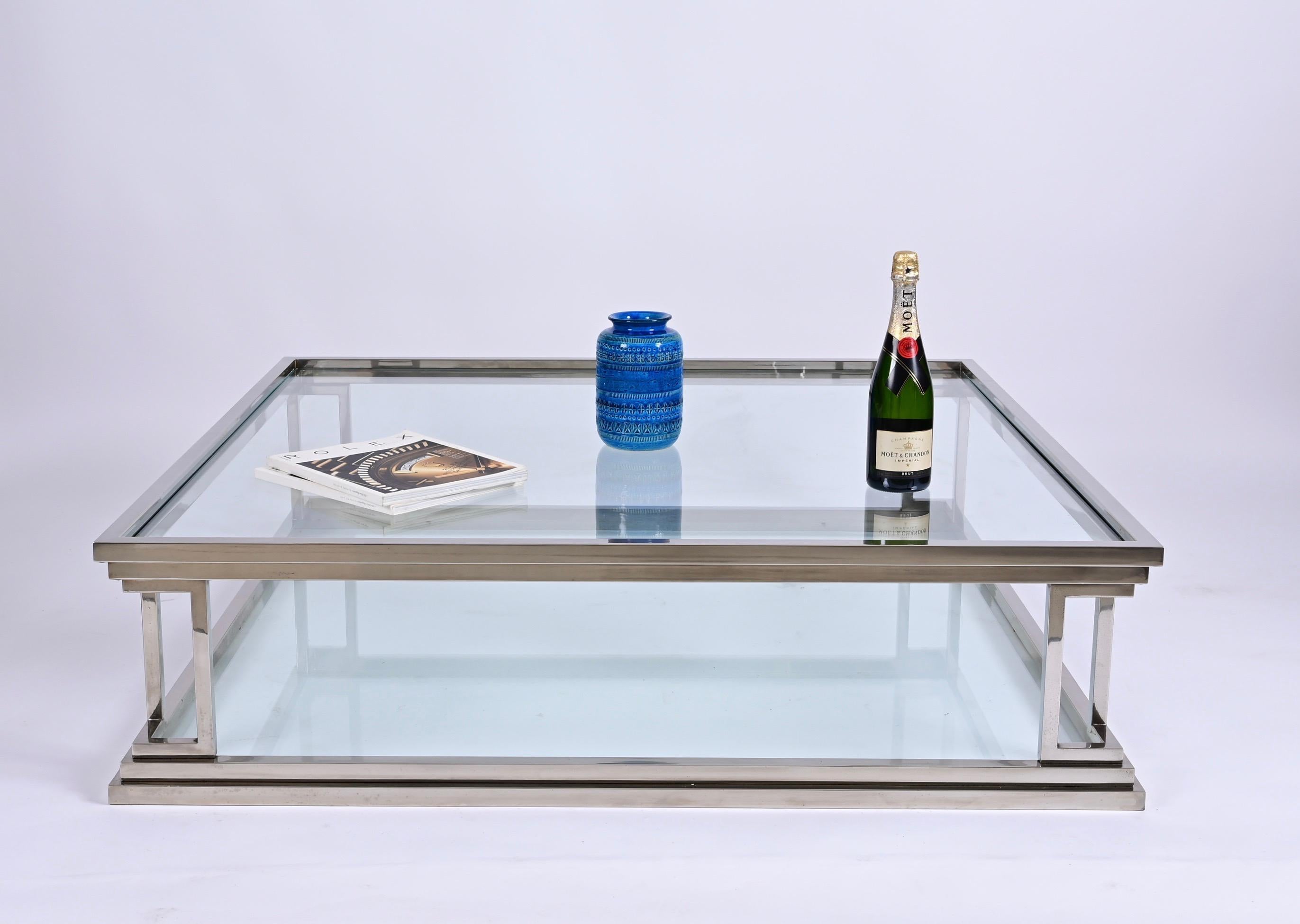 Chromed Brass Square Two Levels Italian Coffee Table with Glass Tops, 1970s 8