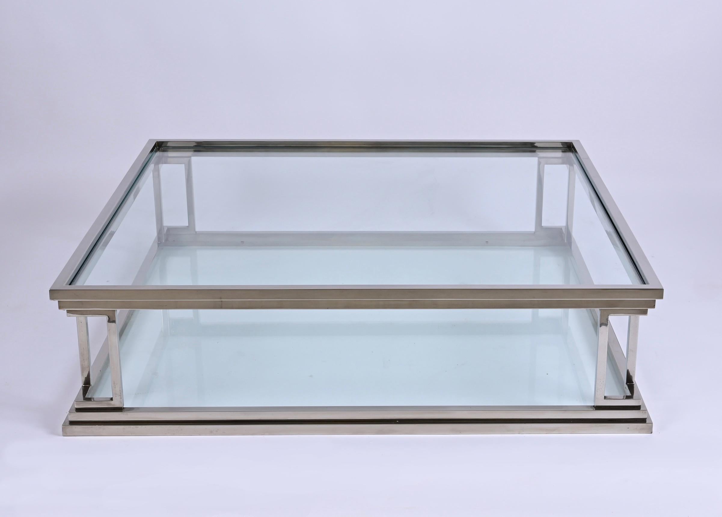 Chromed Brass Square Two Levels Italian Coffee Table with Glass Tops, 1970s 9