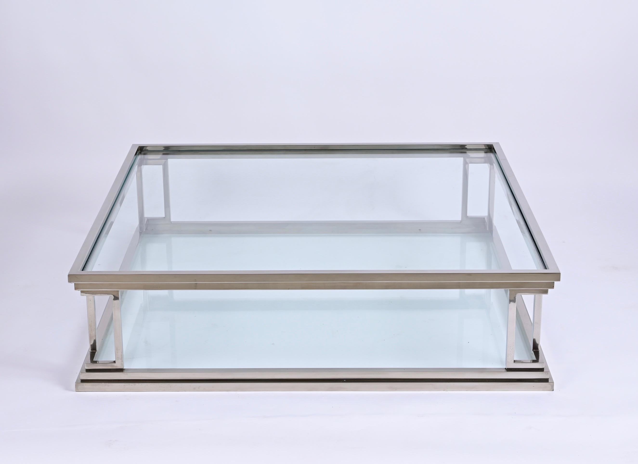 Chromed Brass Square Two Levels Italian Coffee Table with Glass Tops, 1970s 11