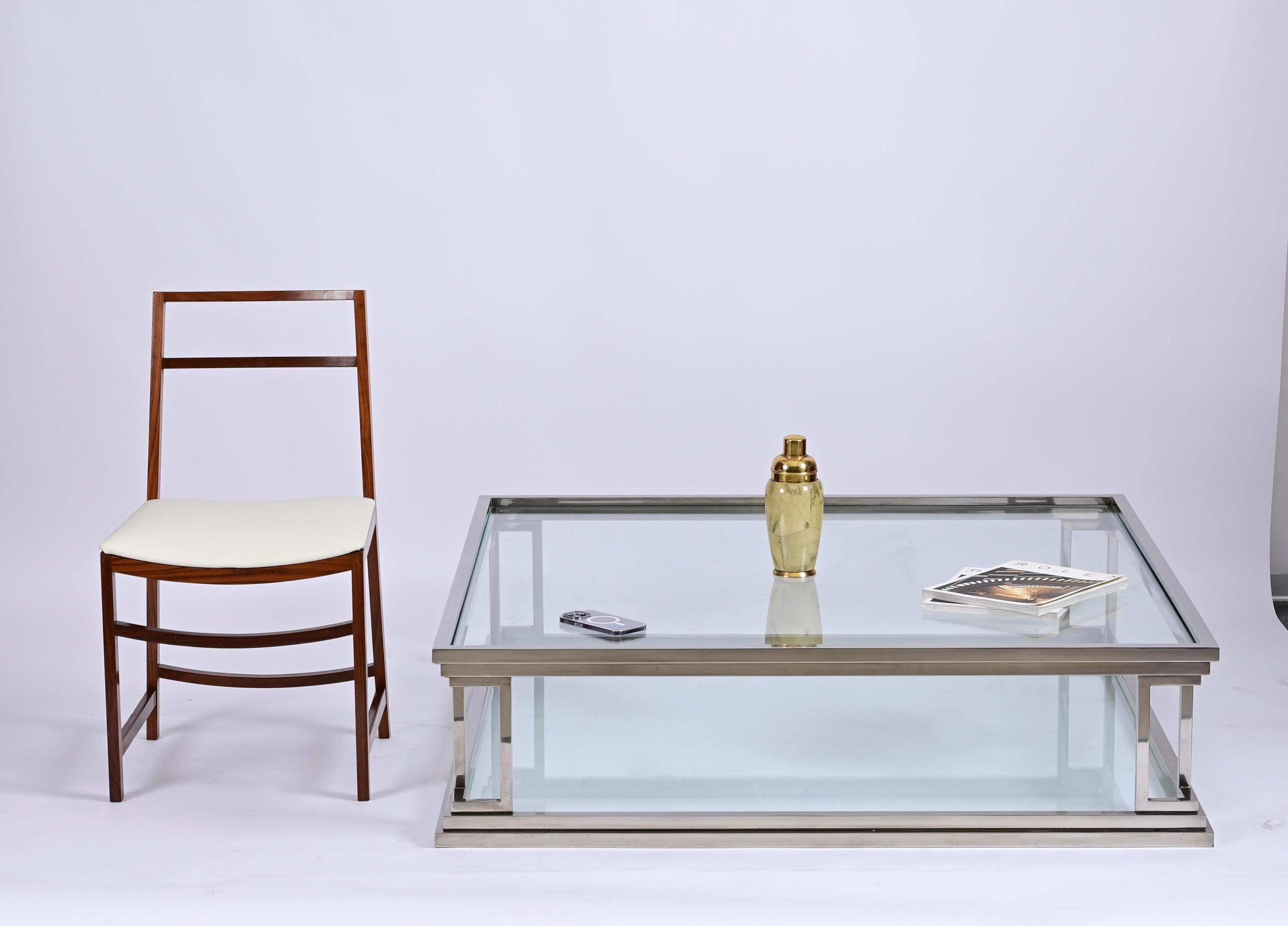 Mid-Century Modern Chromed Brass Square Two Levels Italian Coffee Table with Glass Tops, 1970s