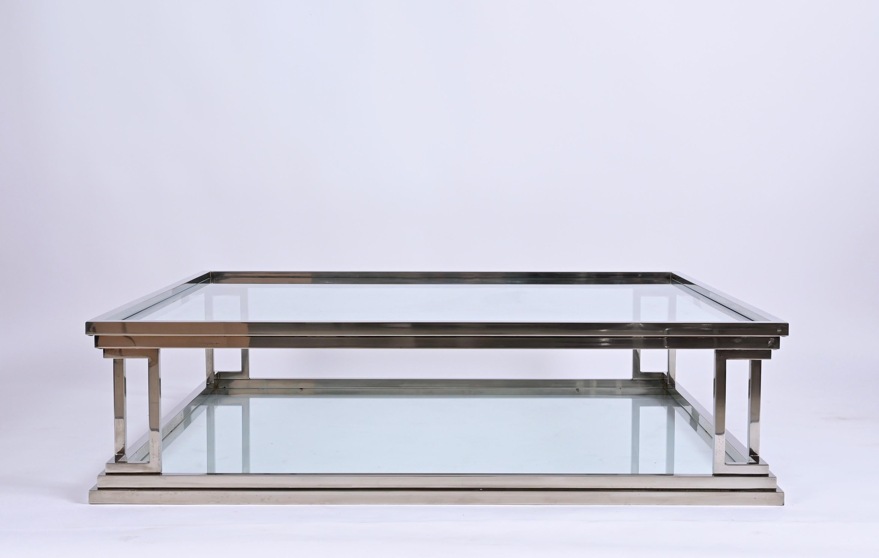 Chromed Brass Square Two Levels Italian Coffee Table with Glass Tops, 1970s In Good Condition In Roma, IT
