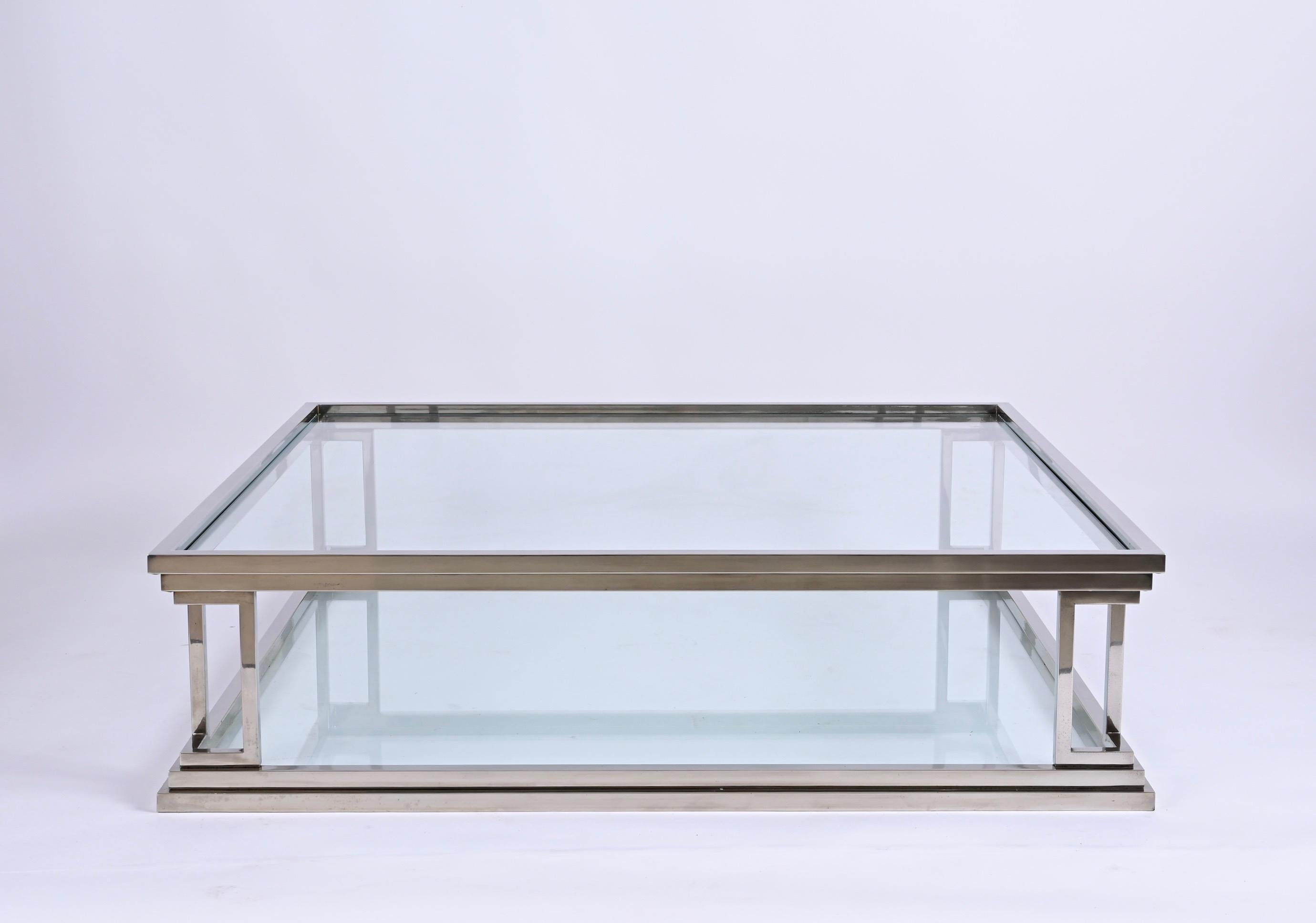 Late 20th Century Chromed Brass Square Two Levels Italian Coffee Table with Glass Tops, 1970s