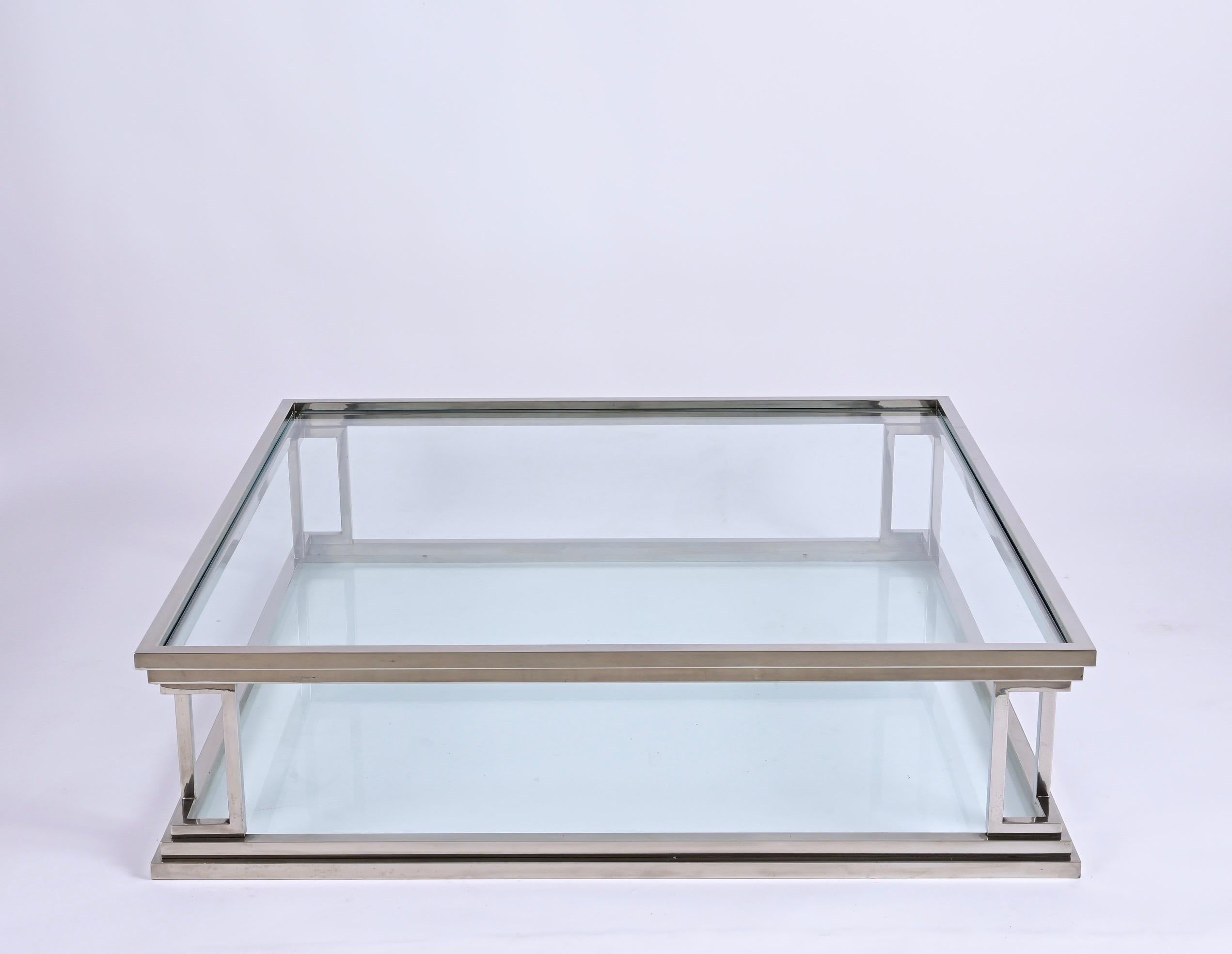 Stainless Steel Chromed Brass Square Two Levels Italian Coffee Table with Glass Tops, 1970s