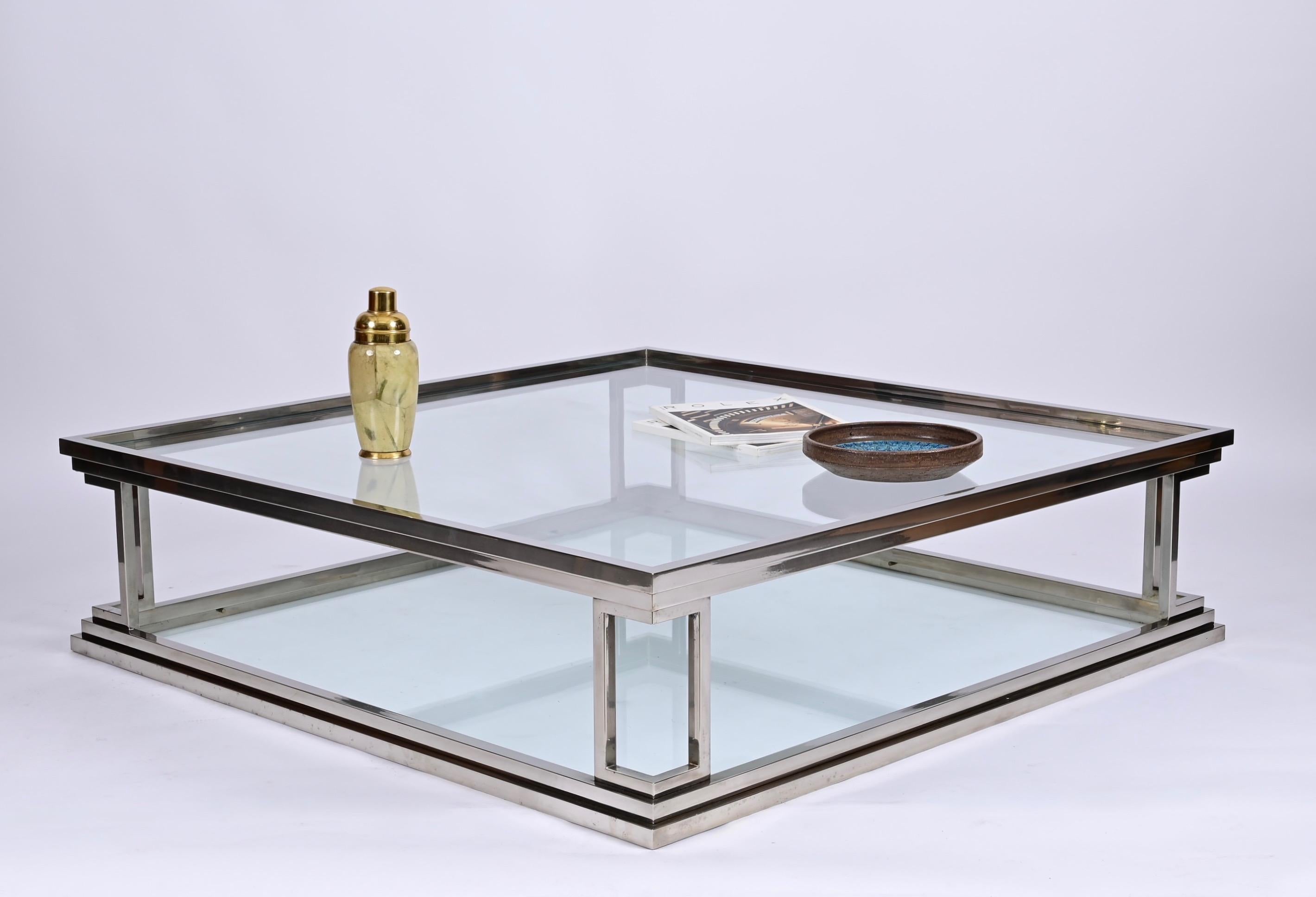 Chromed Brass Square Two Levels Italian Coffee Table with Glass Tops, 1970s 1