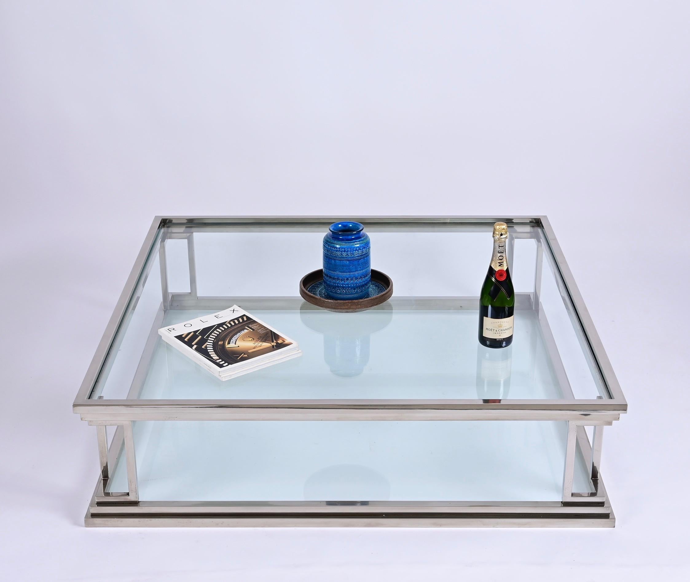 Chromed Brass Square Two Levels Italian Coffee Table with Glass Tops, 1970s 3