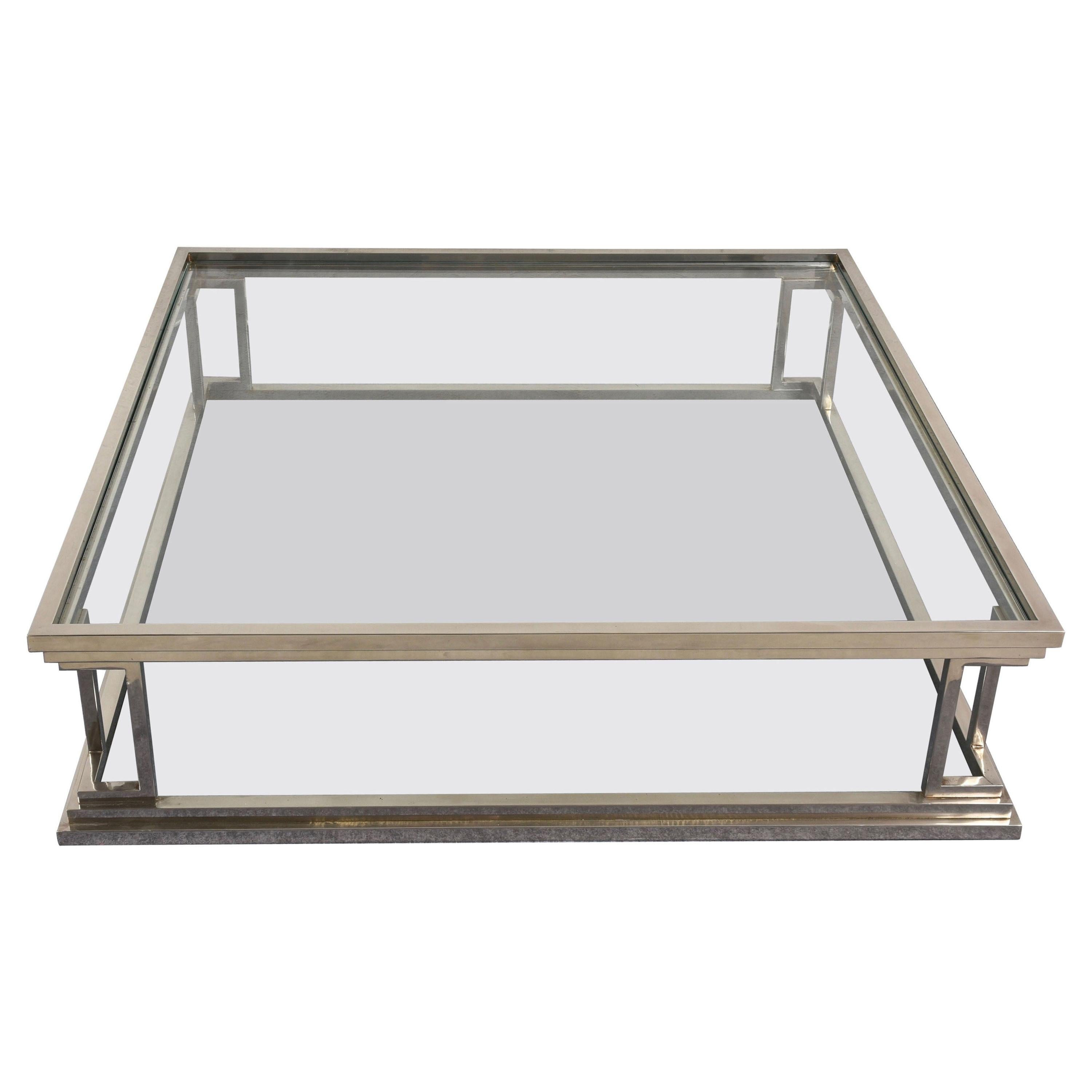 Chromed Brass Square Two Levels Italian Coffee Table with Glass Tops, 1970s