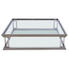 Chromed Brass Square Two Levels Italian Coffee Table with Glass Tops, 1970s