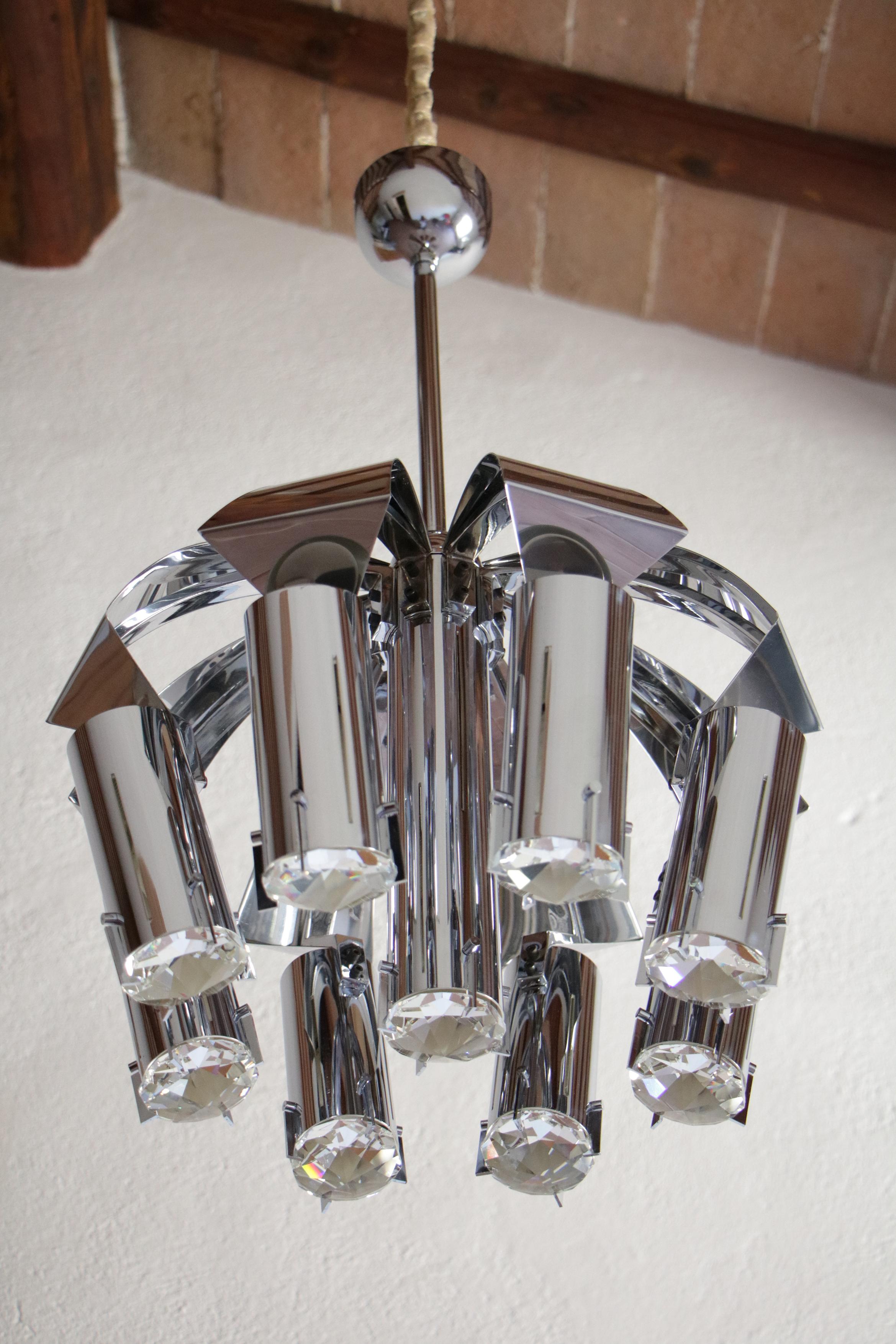 Space Age Chromed Chandelier Pendant Ceiling Lamp Attributed to Goffredo Reggiani, 1970s For Sale
