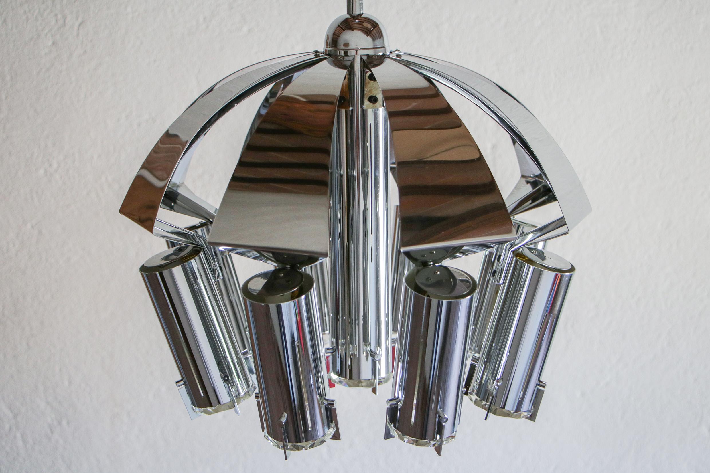 Italian Chromed Chandelier Pendant Ceiling Lamp Attributed to Goffredo Reggiani, 1970s For Sale