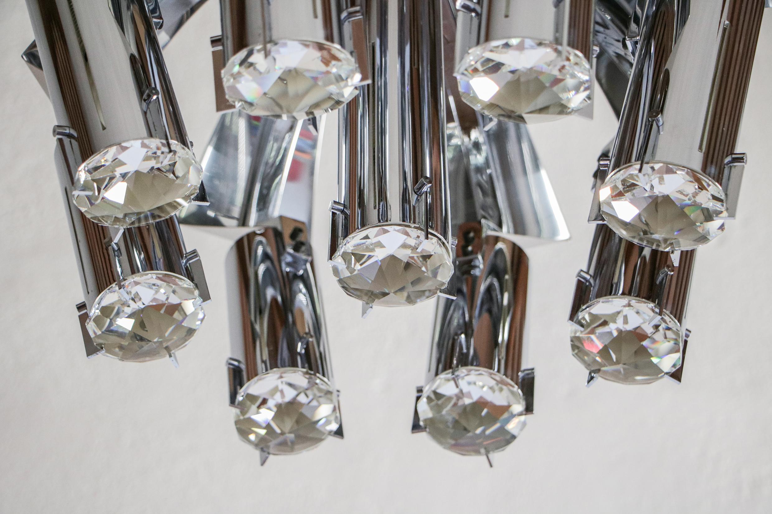 Late 20th Century Chromed Chandelier Pendant Ceiling Lamp Attributed to Goffredo Reggiani, 1970s For Sale